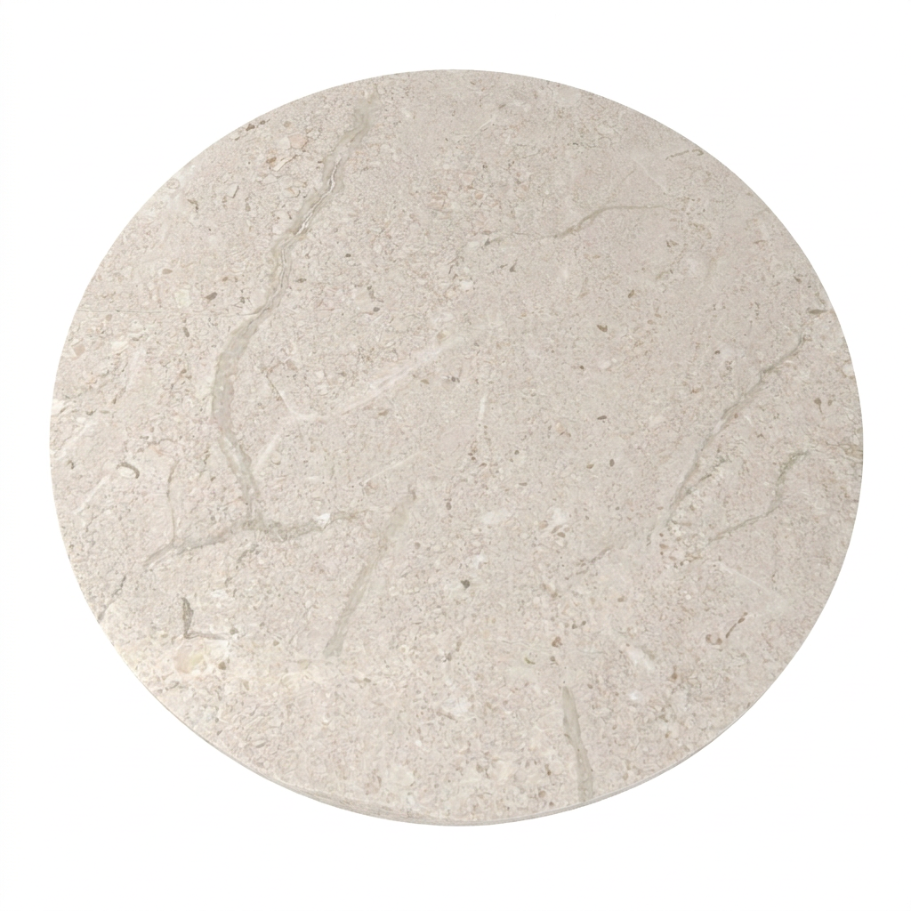 A round, light beige travertine marble table top featuring subtle natural veining and texture, viewed from above against a plain white background. The Beige Travertine Real Marble Restaurant Table Top - 20mm offers an elegant, timeless look ideal for restaurant settings. Expertly crafted from heat and stain resistant real marble, it seamlessly combines lasting durability with sophisticated style.
