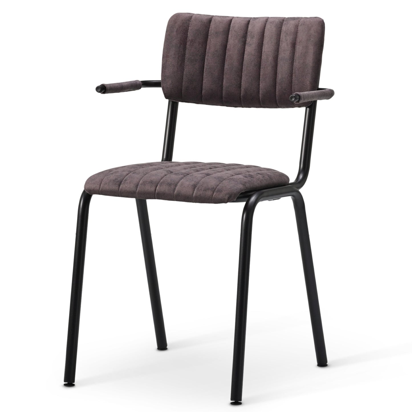 The Derby Industrial Armchair features a black metal frame, padded armrests, and cushioned seat and backrest upholstered in dark gray faux suede with vertical stitching.