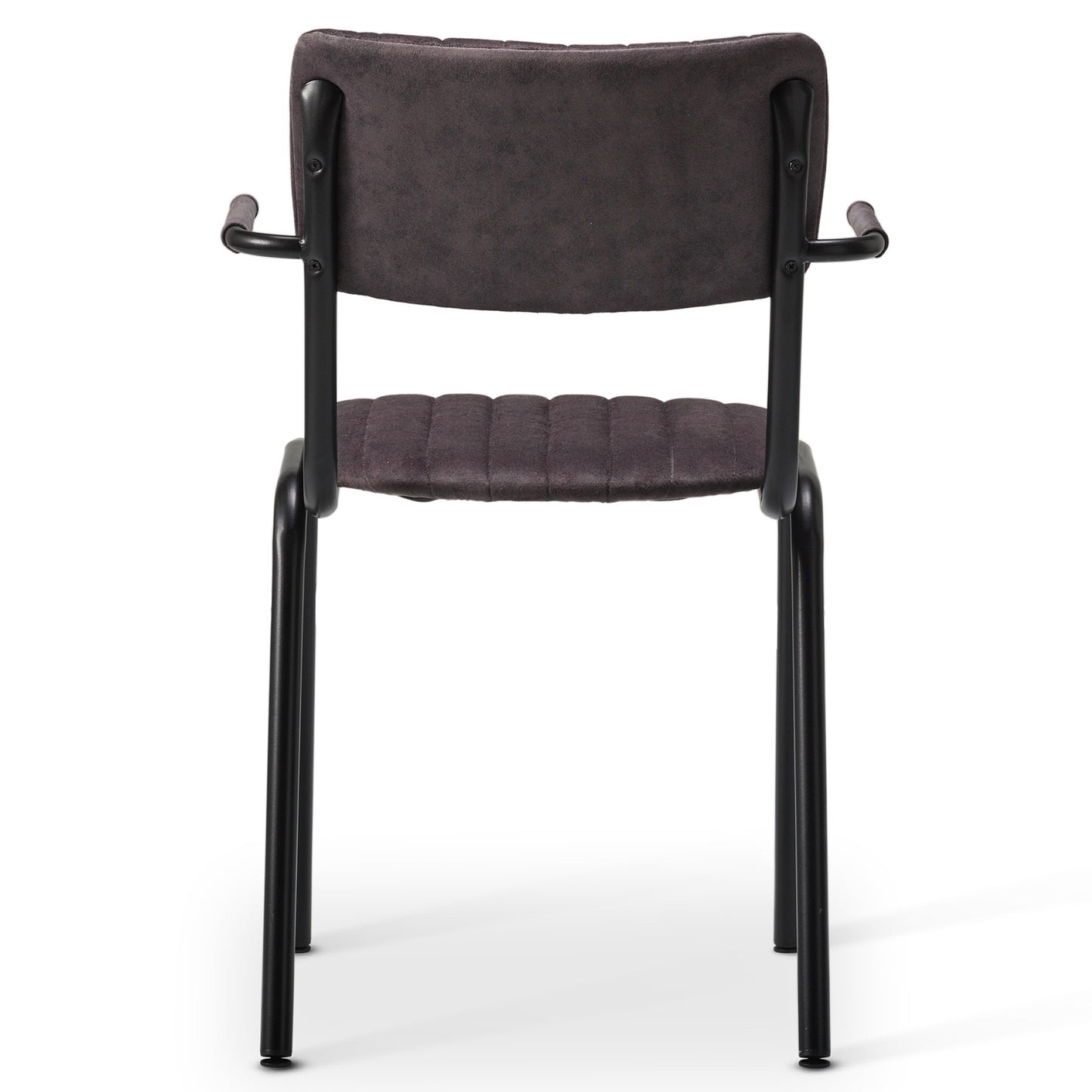The Derby Industrial Armchair is a black metal chair with armrests and four straight legs, featuring padded dark gray faux suede upholstery on the seat and backrest, shown from behind.
