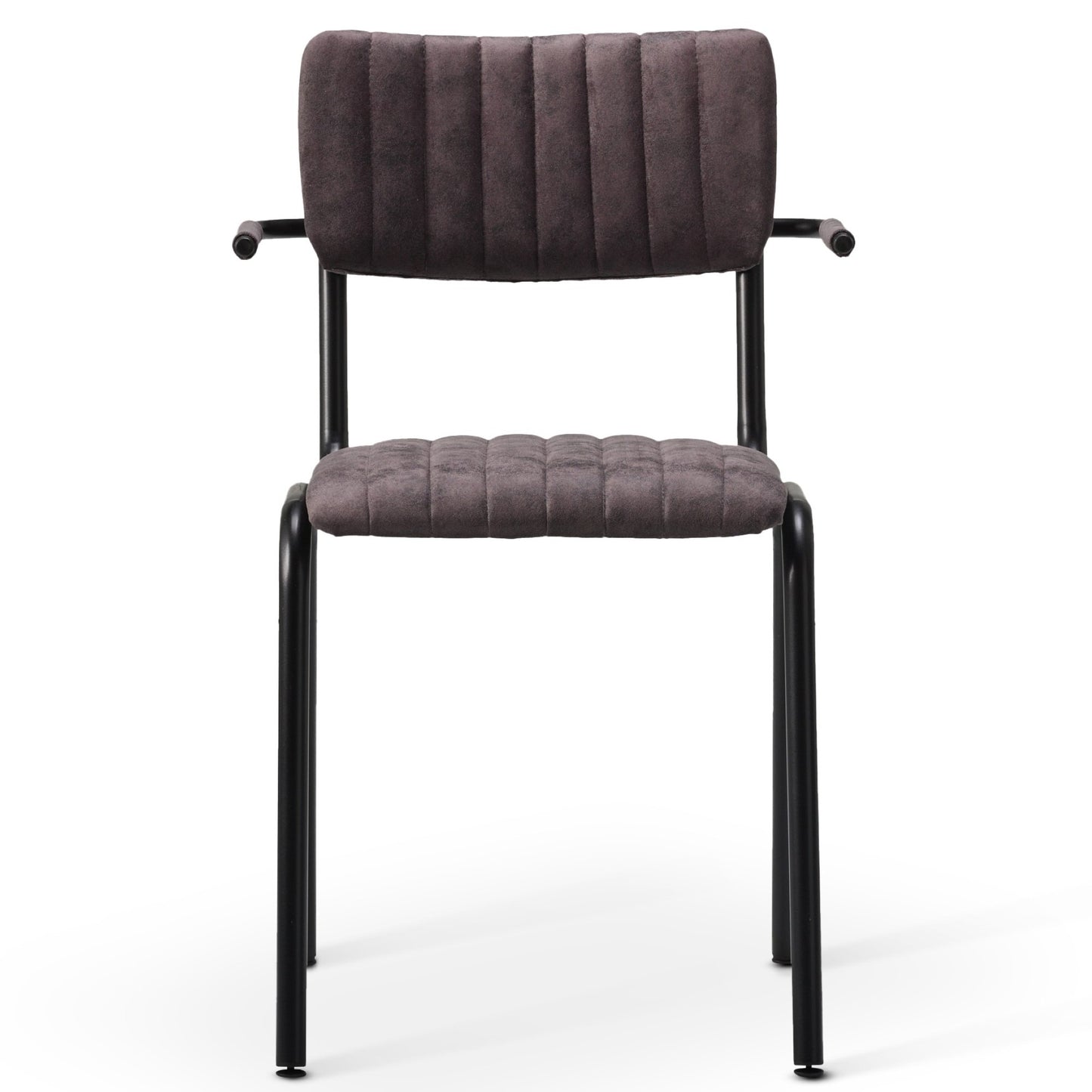 The Derby Industrial Armchair features a padded dark gray faux suede seat and backrest, slim armrests, and black metal legs, shown from the front on a white background.