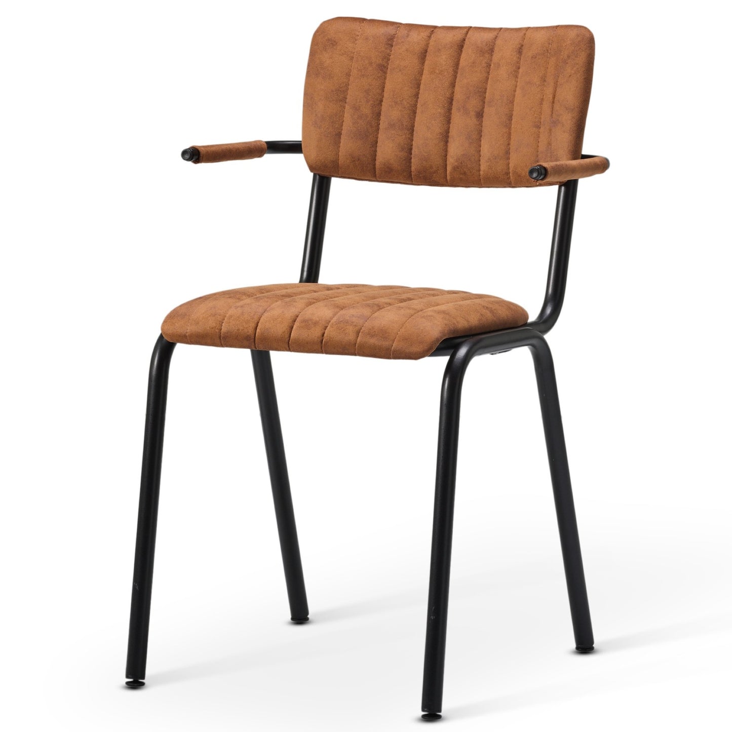 The Derby Industrial Armchair has brown faux suede upholstery with vertical stitching, black metal legs, fabric-wrapped armrests, and an angled backrest. Its modern minimalist style and retro-inspired design make it a stylish addition to any space.