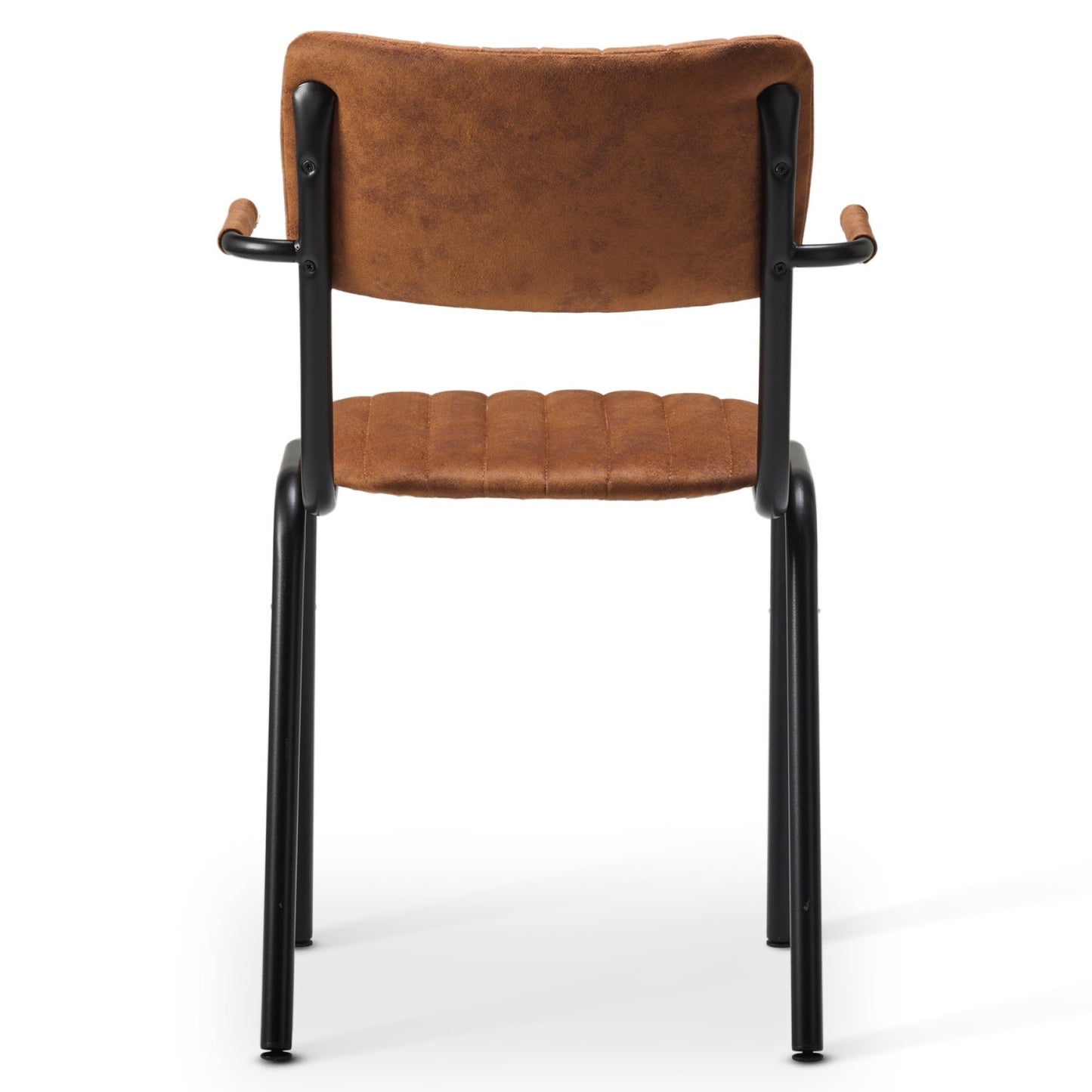The Derby Industrial Armchair features brown faux suede upholstery, a cushioned seat and backrest, black metal frame, and armrests. Shown from the back against a white background.