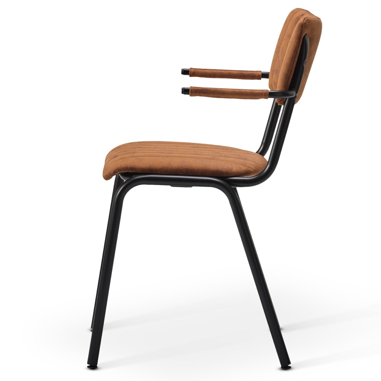 The Derby Industrial Armchair features a black metal frame with brown faux suede upholstery on the seat, backrest, and armrests. Shown from the side against a white background.