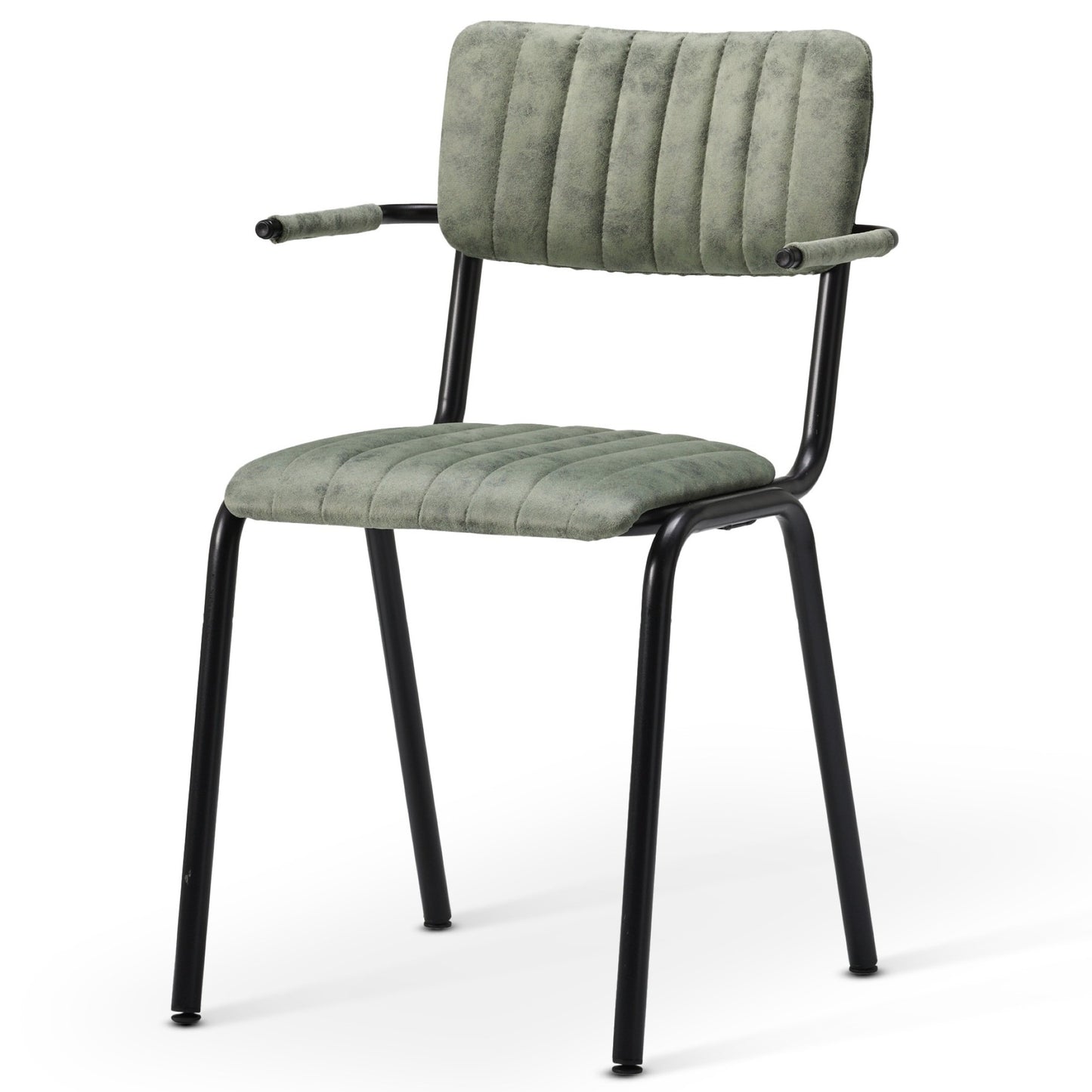The Derby Industrial Armchair features a black metal frame, green faux suede seat and backrest with vertical stitching, and padded armrests upholstered in matching green fabric for a modern touch.