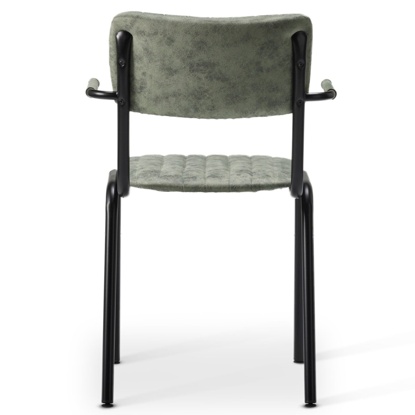 Back view of the Derby Industrial Armchair featuring green faux suede upholstery, a black metal frame, and curved armrests. The chair is displayed against a white background.