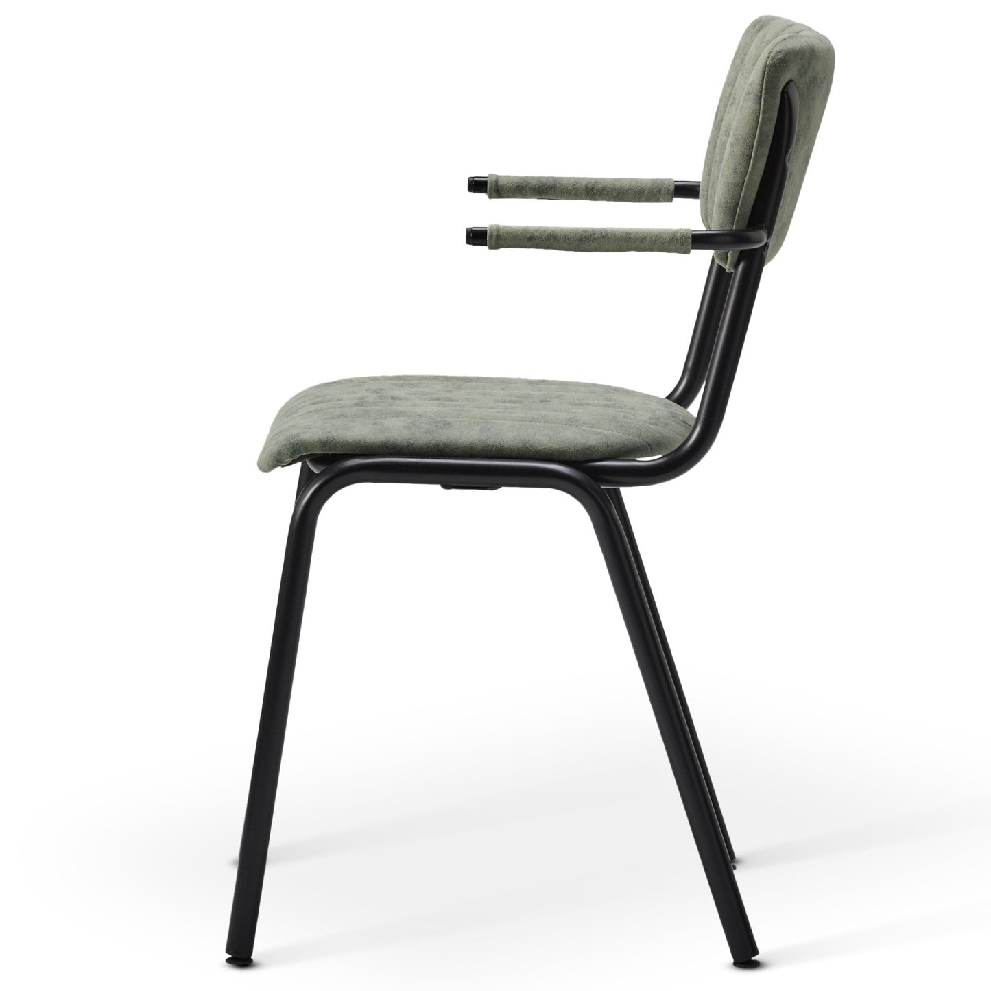 Side view of the Derby Industrial Armchair featuring a black metal frame, light gray faux suede seat and backrest, and padded armrests. This retro chair combines minimalist style with a contemporary industrial design.