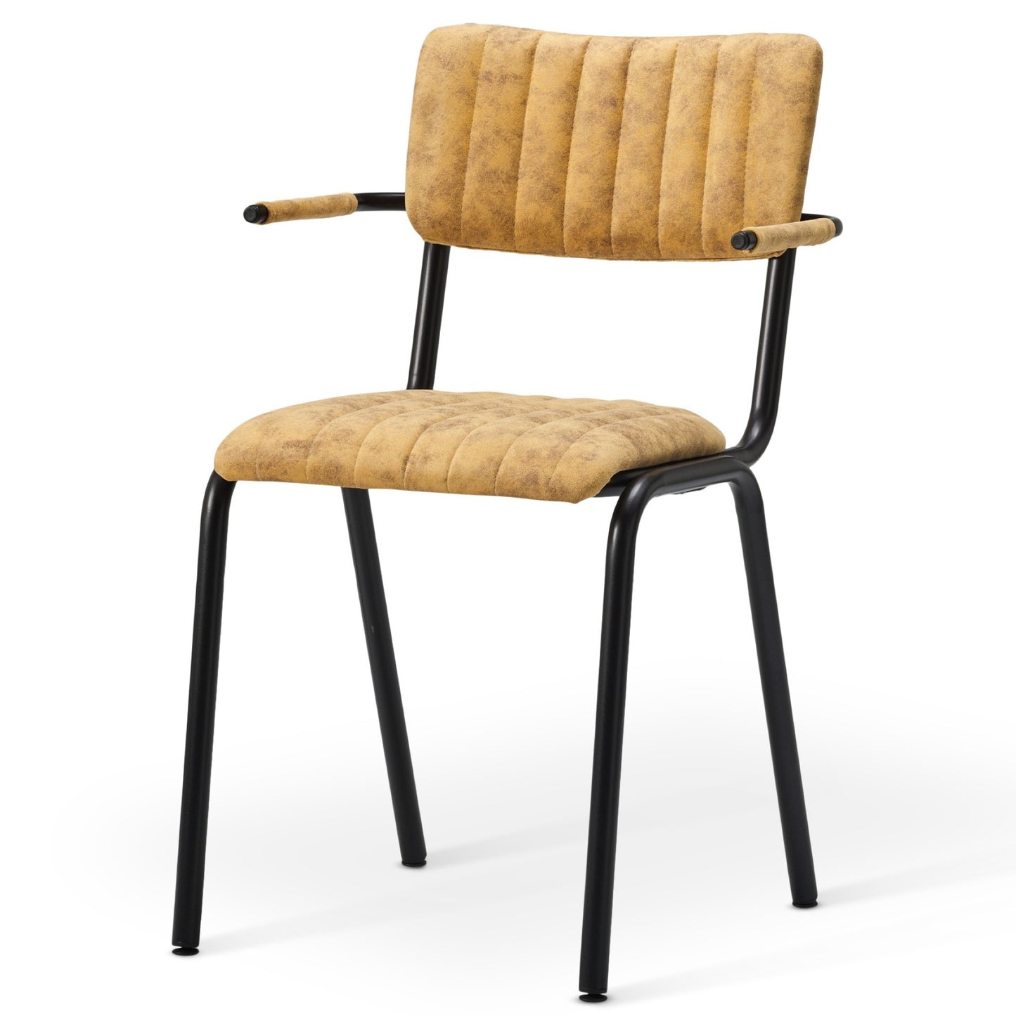 The Derby Industrial Armchair features a modern retro design with tan faux suede-like cushioned seat, backrest, and arms with vertical stitching, all supported by a black metal frame and four straight legs.
