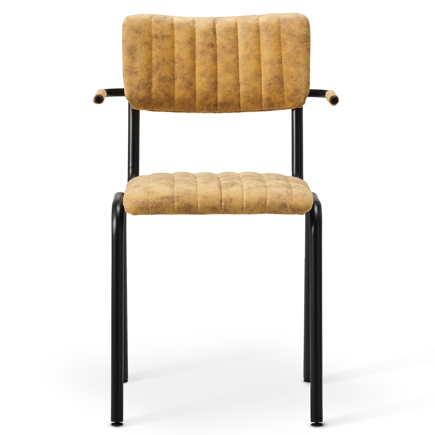 The Derby Industrial Armchair features a cushioned tan faux suede seat and backrest, black metal legs, and short armrests in matching tan material, shown from the front.