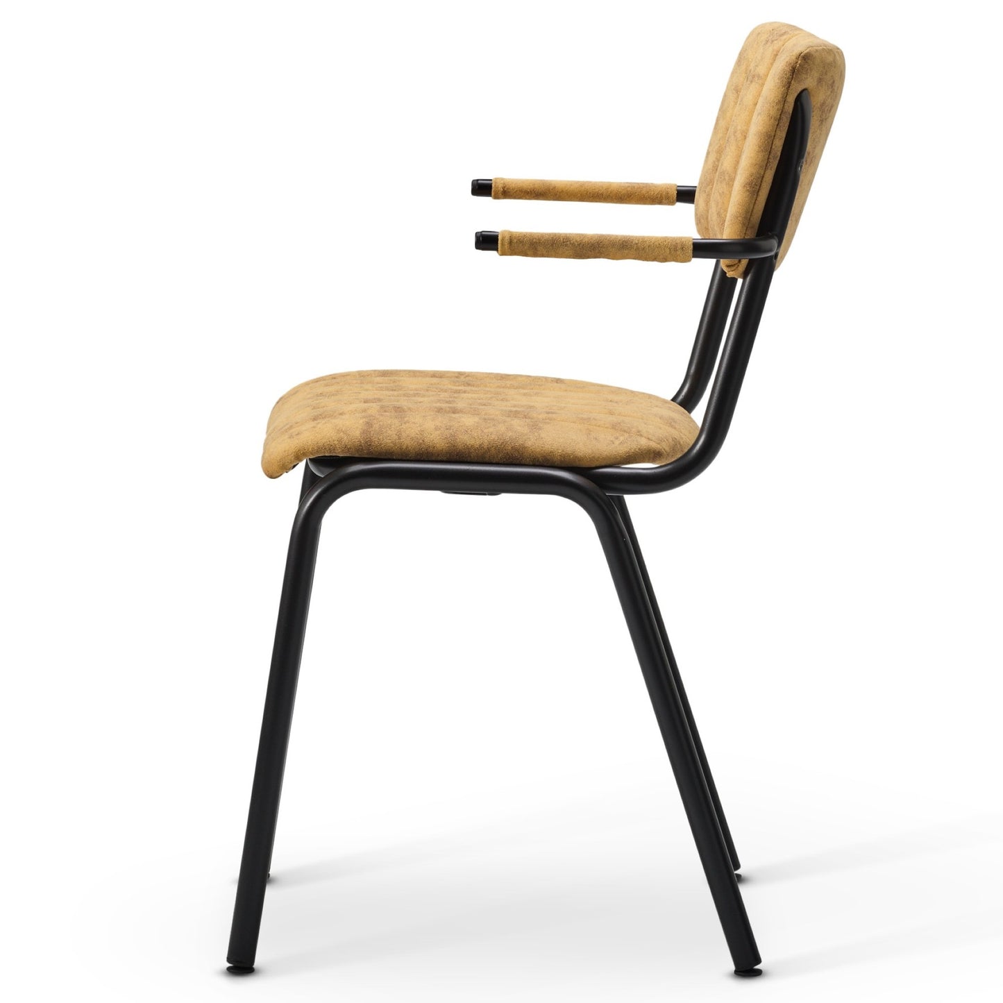 Side view of the Derby Industrial Armchair, featuring a black metal frame, tan faux suede cushioned seat, backrest, and armrests. Its minimalist design gives a retro vibe to any contemporary setting.