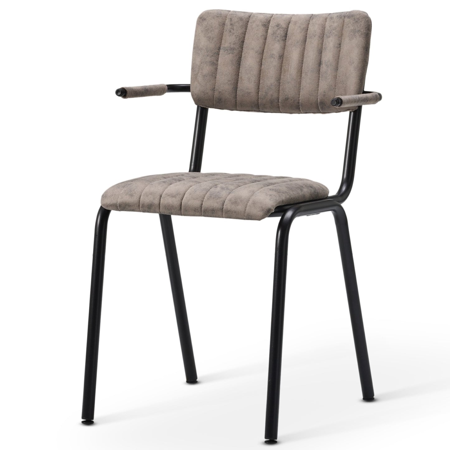 The Derby Industrial Armchair features a black metal frame and padded seat, backrest, and armrests in textured light gray faux suede with vertical stitching for a stylish modern retro look.