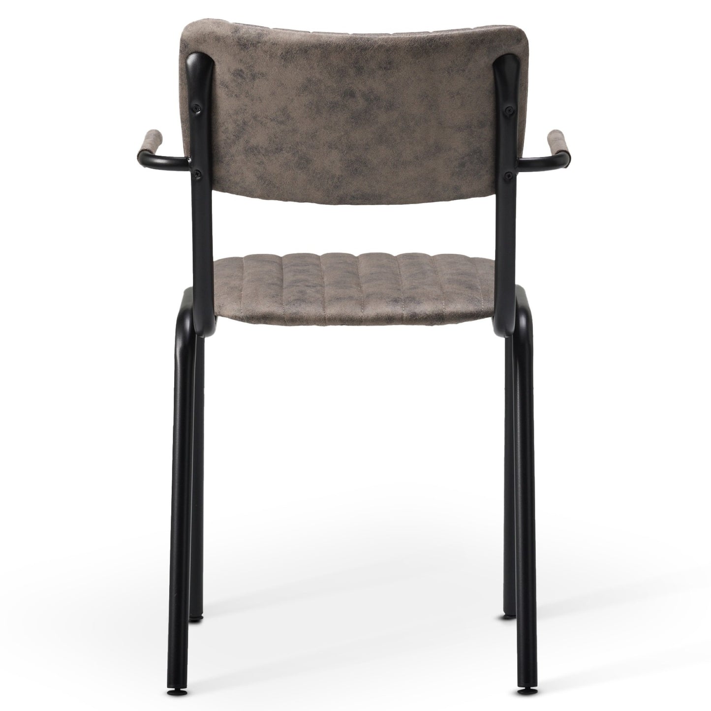 The Derby Industrial Armchair is a grey retro-style seat with faux suede upholstery, padded seat and backrest, plus black metal legs and armrests for a vintage look. Shown from behind.