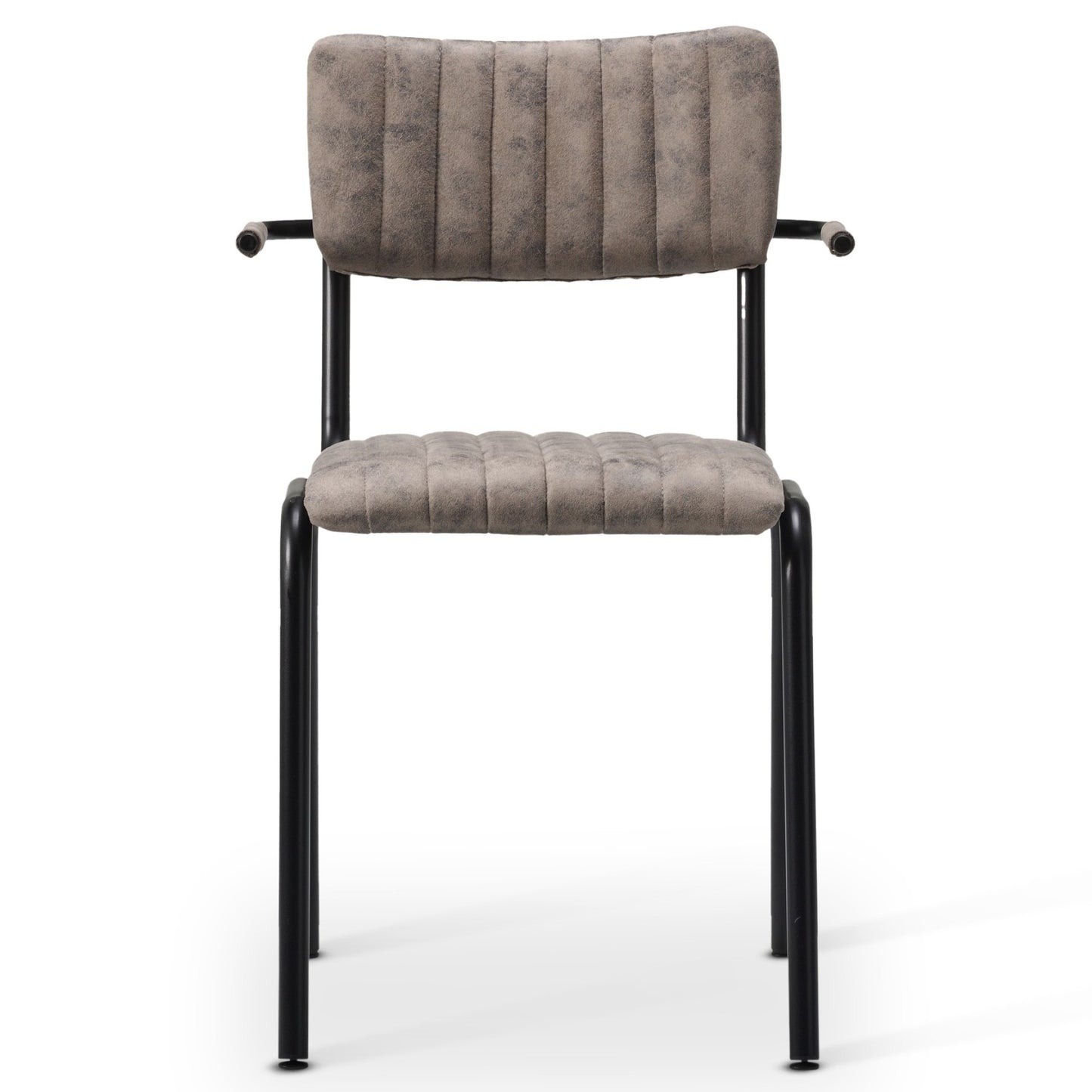 Front view of the Derby Industrial Armchair featuring a padded, textured gray faux suede seat and backrest with horizontal stitching, black metal armrests, and four black metal legs.
