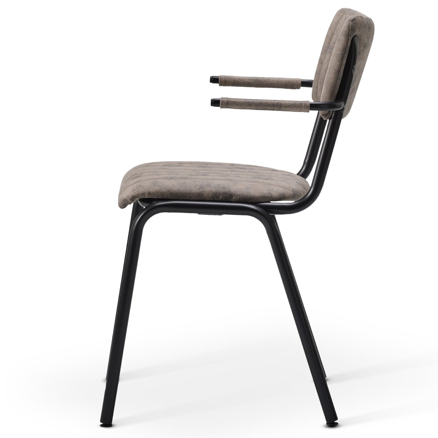 Side view of the Derby Industrial Armchair featuring a black metal frame, padded seat and backrest in light brown faux suede, and two slim cushioned armrests.
