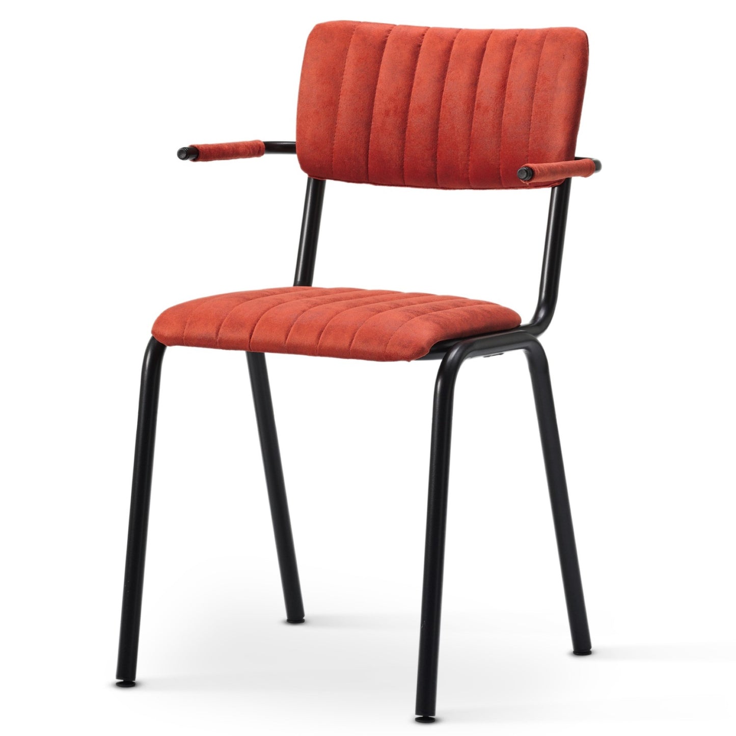 The Derby Industrial Armchair features a black metal frame and padded seat, backrest, and armrests upholstered in rust-colored faux suede with vertical stitching details for a modern look.