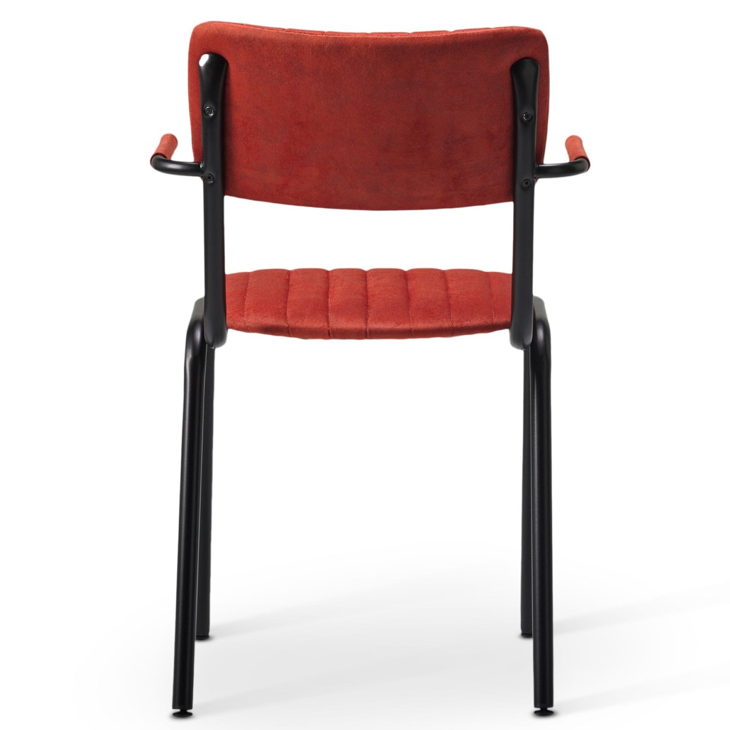 The Derby Industrial Armchair features a red faux suede finish, padded backrest and seat, black metal frame with armrests, shown from the back against a white background.