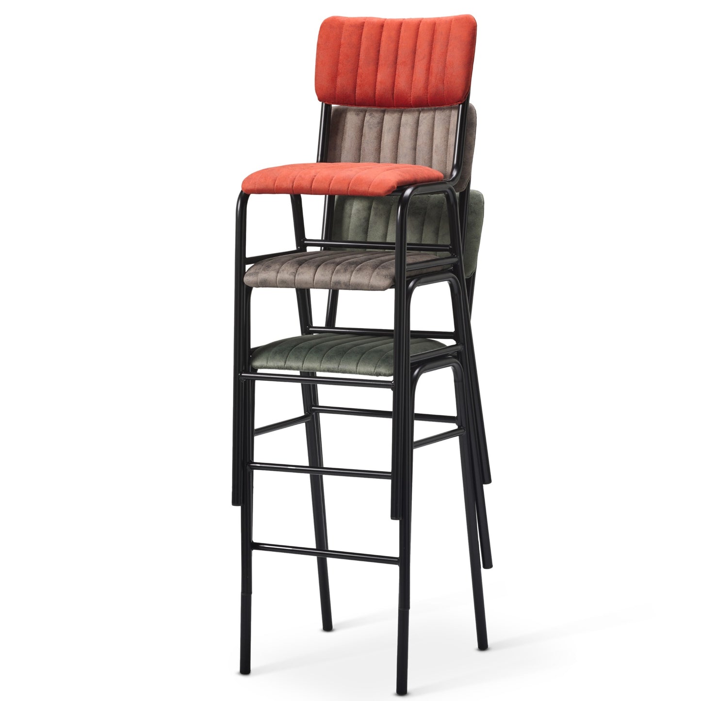 Three Derby Industrial Bar Stools with black metal legs are stacked together. Each has a ribbed, upholstered seat and backrest in orange, gray, or green faux suede for a stylish retro look.