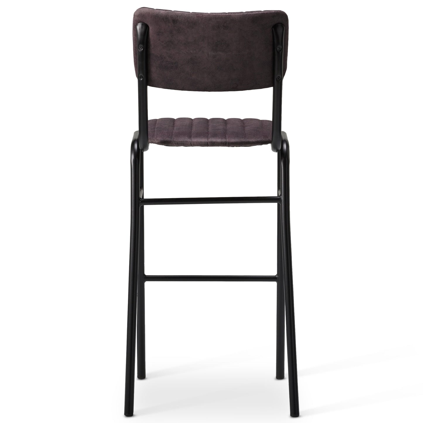 The Derby Industrial Bar Stool features a tall, minimalist design with a black metal frame and dark cushioned seat and backrest. Straight legs and a sleek style give it a modern industrial look, shown here from the back.