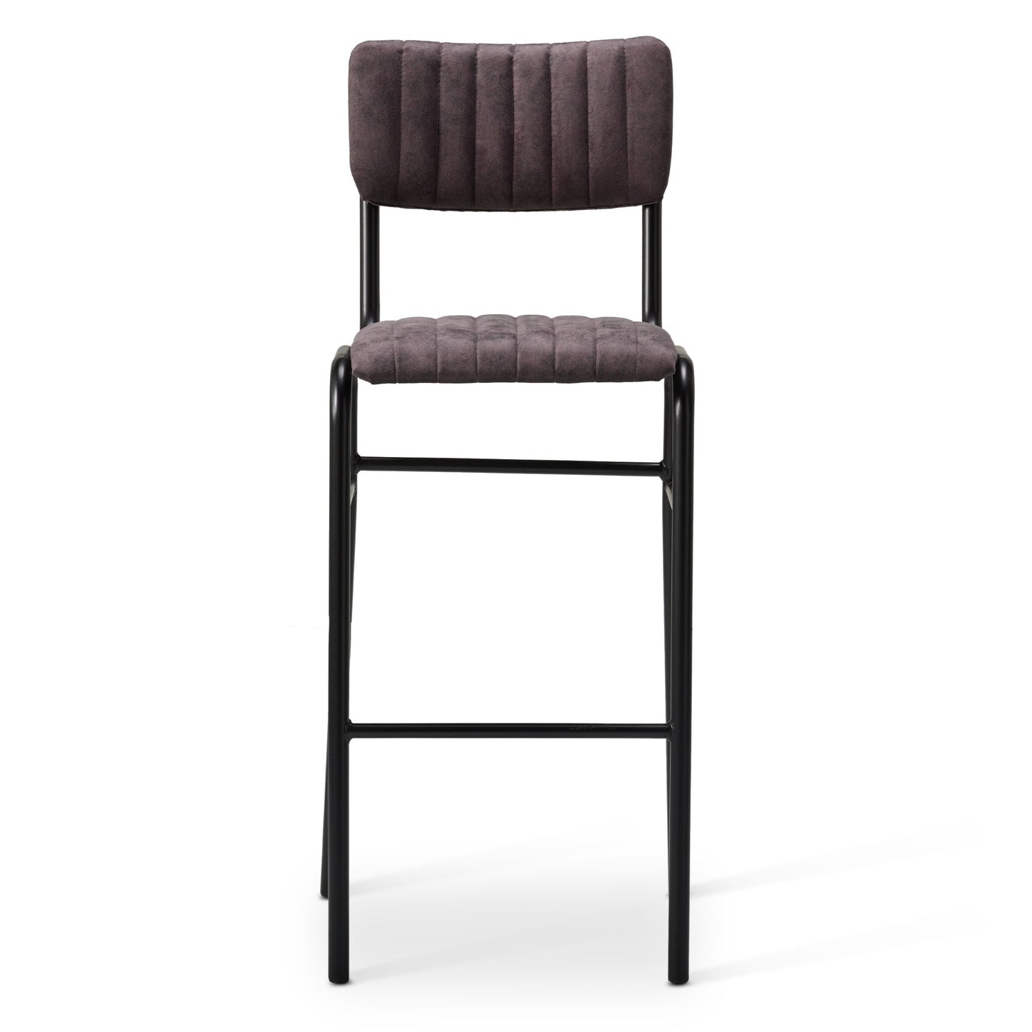 The Derby Industrial Bar Stool features a black metal frame and a cushioned seat and backrest upholstered in dark gray fabric with vertical stitching for a modern touch.