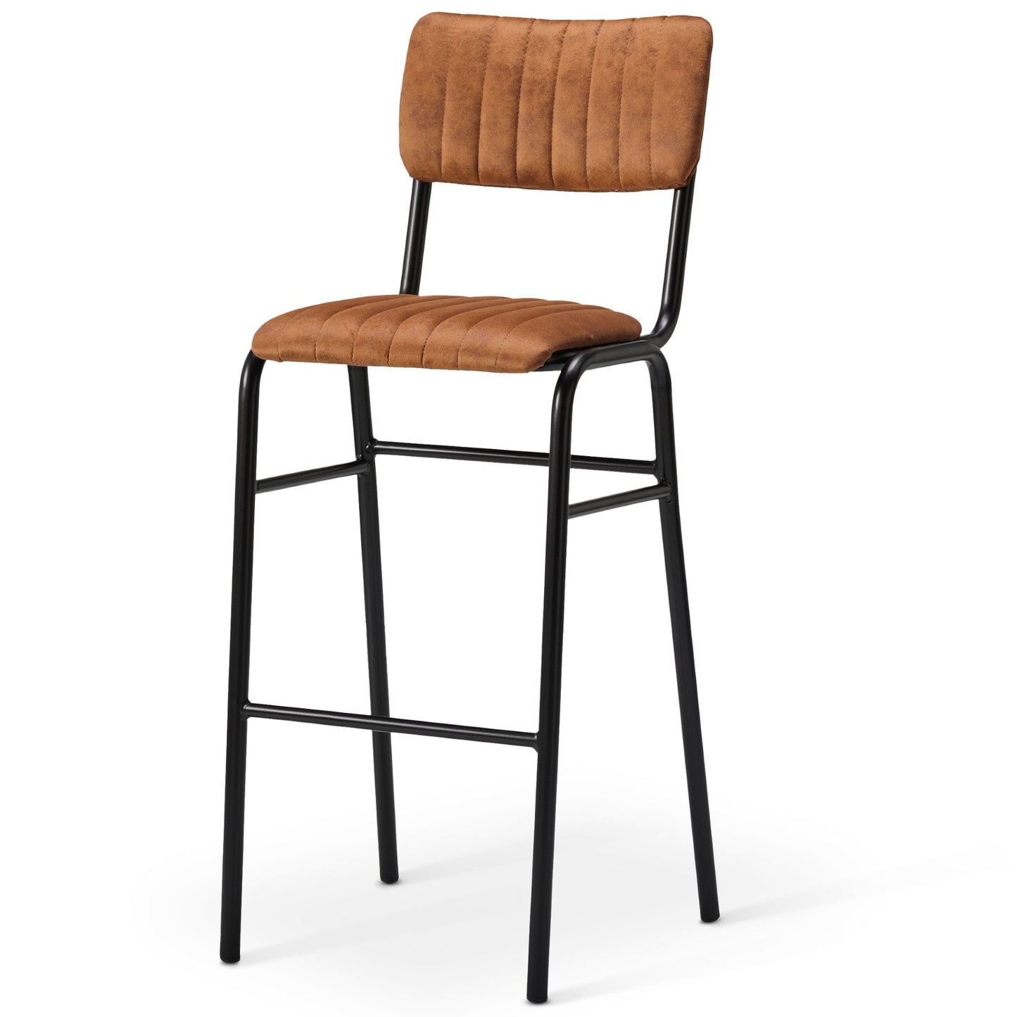 The Derby Industrial Bar Stool features a tall black metal frame with a cushioned brown faux suede seat and backrest, both with vertical stitching. Its retro, minimalist design adds modern style to any space.