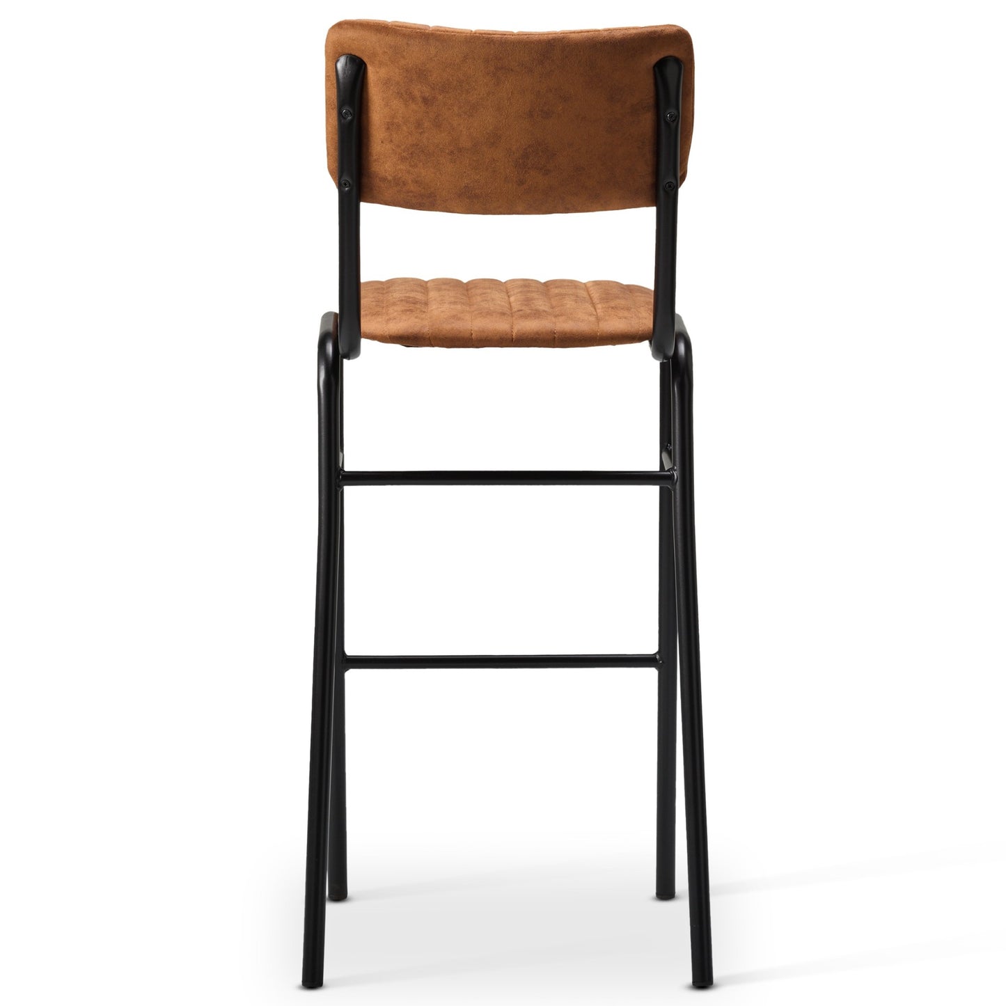 The Derby Industrial Bar Stool features a tall faux suede design with a brown cushioned seat, quilted backrest, and sleek black metal frame, shown from behind against a white background for a modern look.