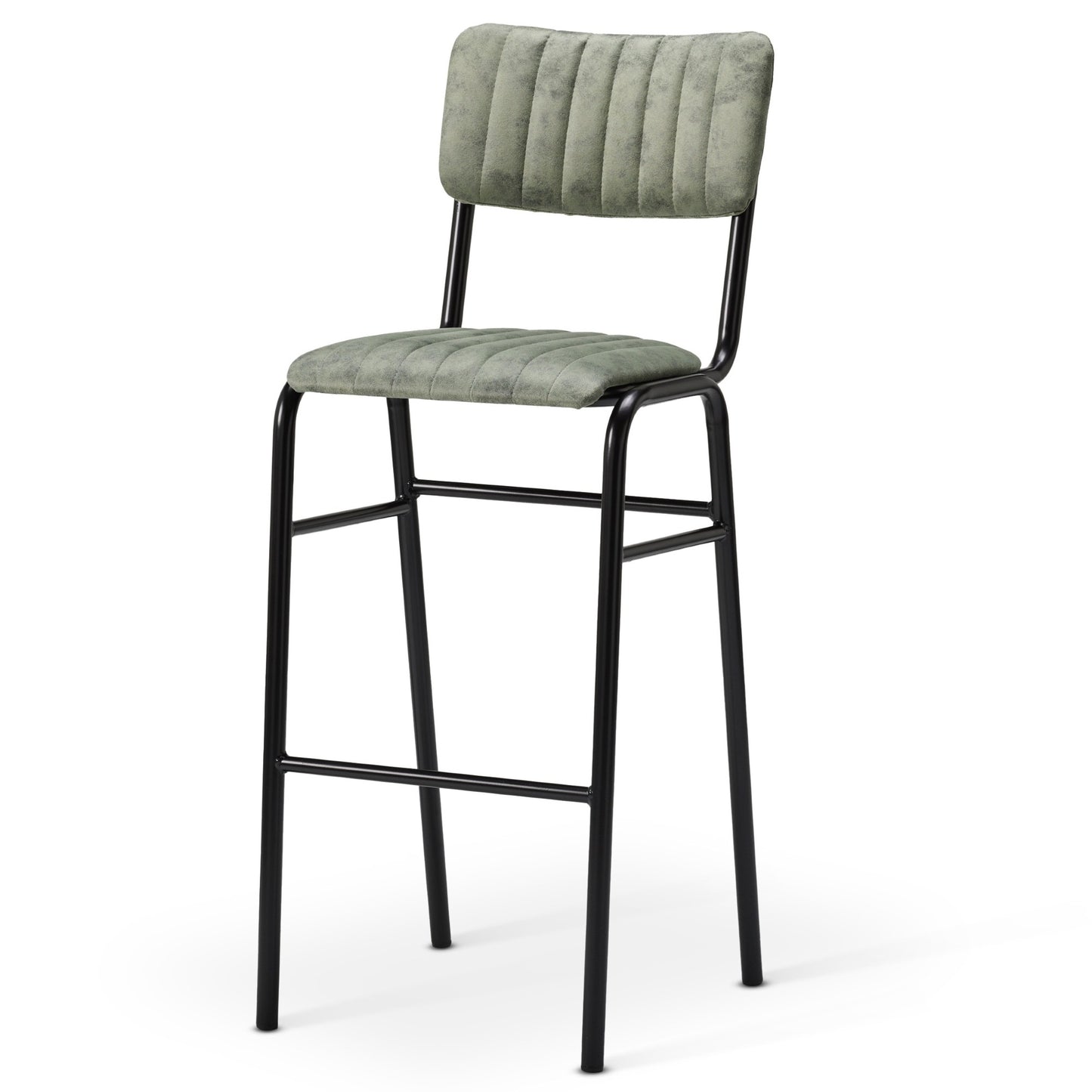 The Derby Industrial Bar Stool features tall black metal legs and a padded seat and backrest in light green ribbed faux suede, highlighted by horizontal stitching for a modern, minimalist look.