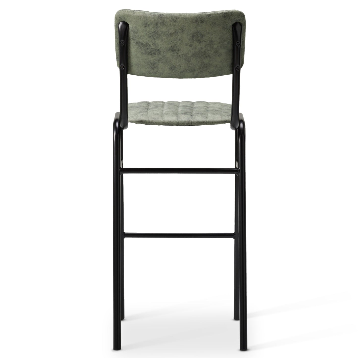 The Derby Industrial Bar Stool features a green faux suede padded seat and backrest with a black metal frame and four straight legs, shown from the back.