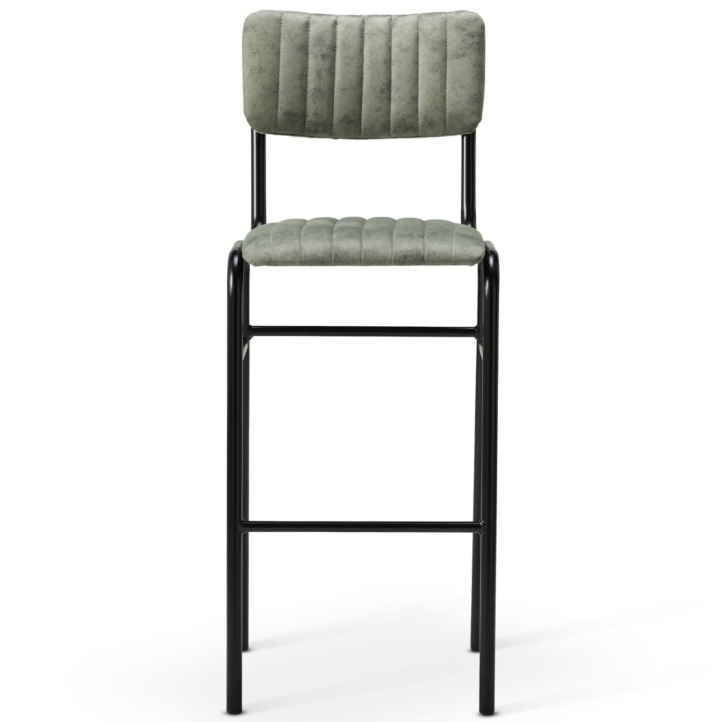 The Derby Industrial Bar Stool features a modern faux suede design with a black metal frame, padded seat and backrest in light grayish-green fabric, and elegant vertical stitching.