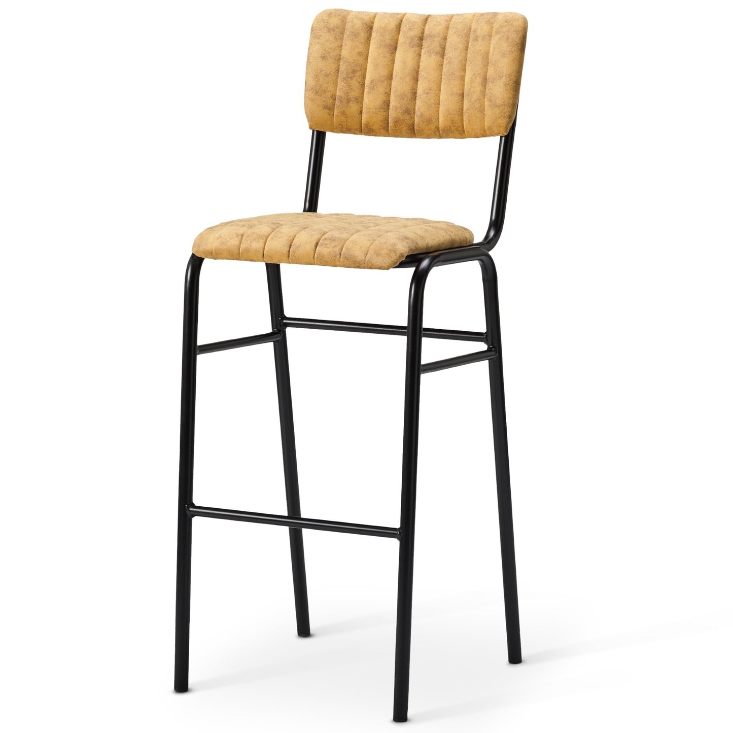 The Derby Industrial Bar Stool features a tall black metal frame with footrest and a cushioned tan faux suede seat and backrest, accented by vertical stitching for a retro look.