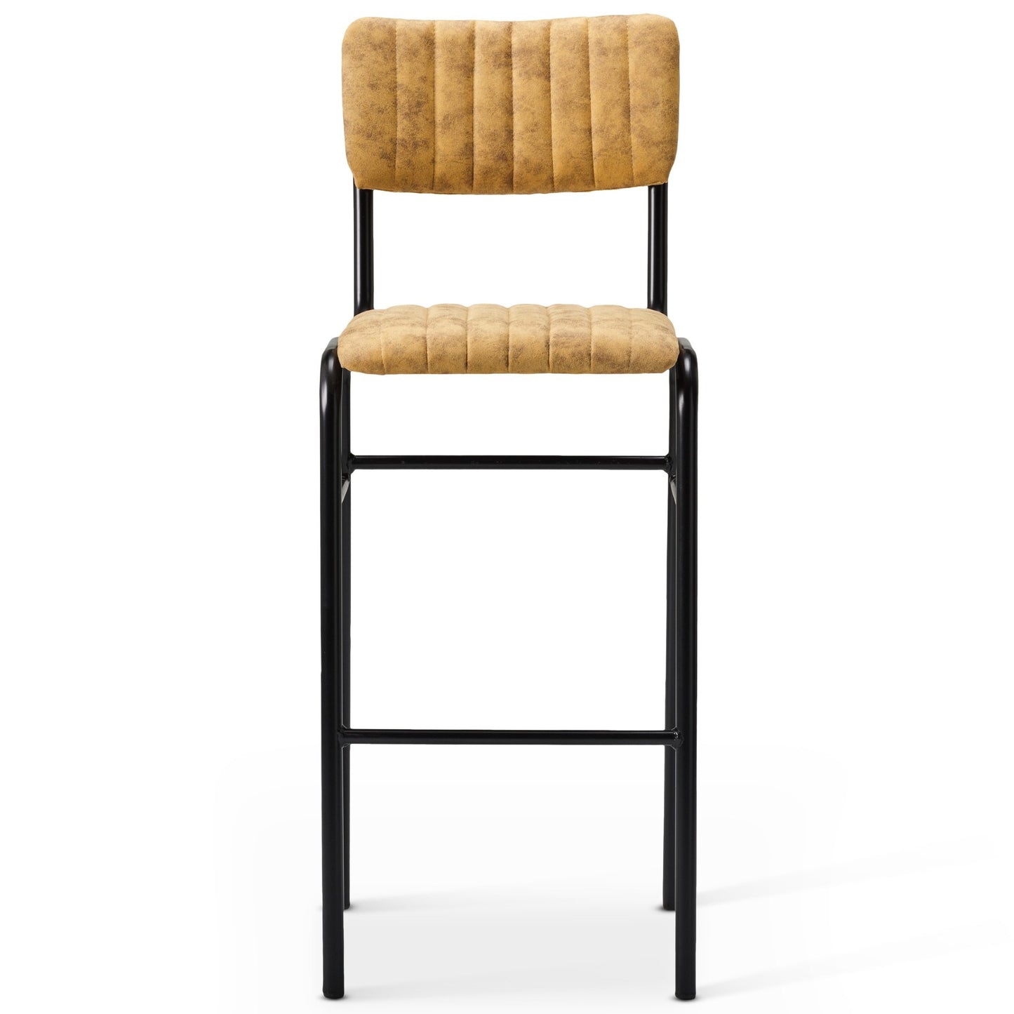 The Derby Industrial Bar Stool features a modern retro design with a black metal frame and tan, textured fabric upholstery on the cushioned seat and backrest, accented by vertical stitching.
