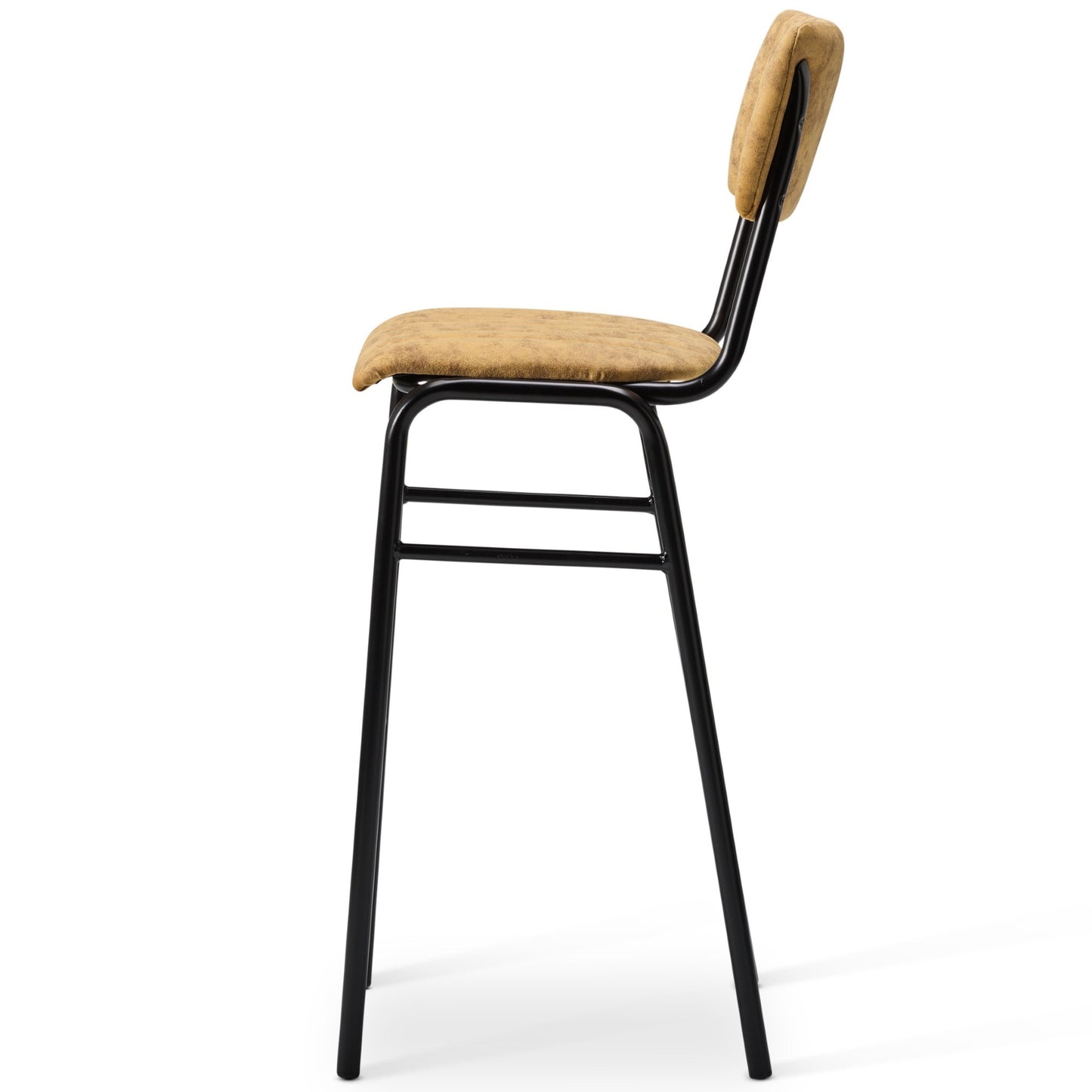 The Derby Industrial Bar Stool features a black metal frame with a beige faux suede cushioned seat and matching backrest, shown in a side view against a white background.