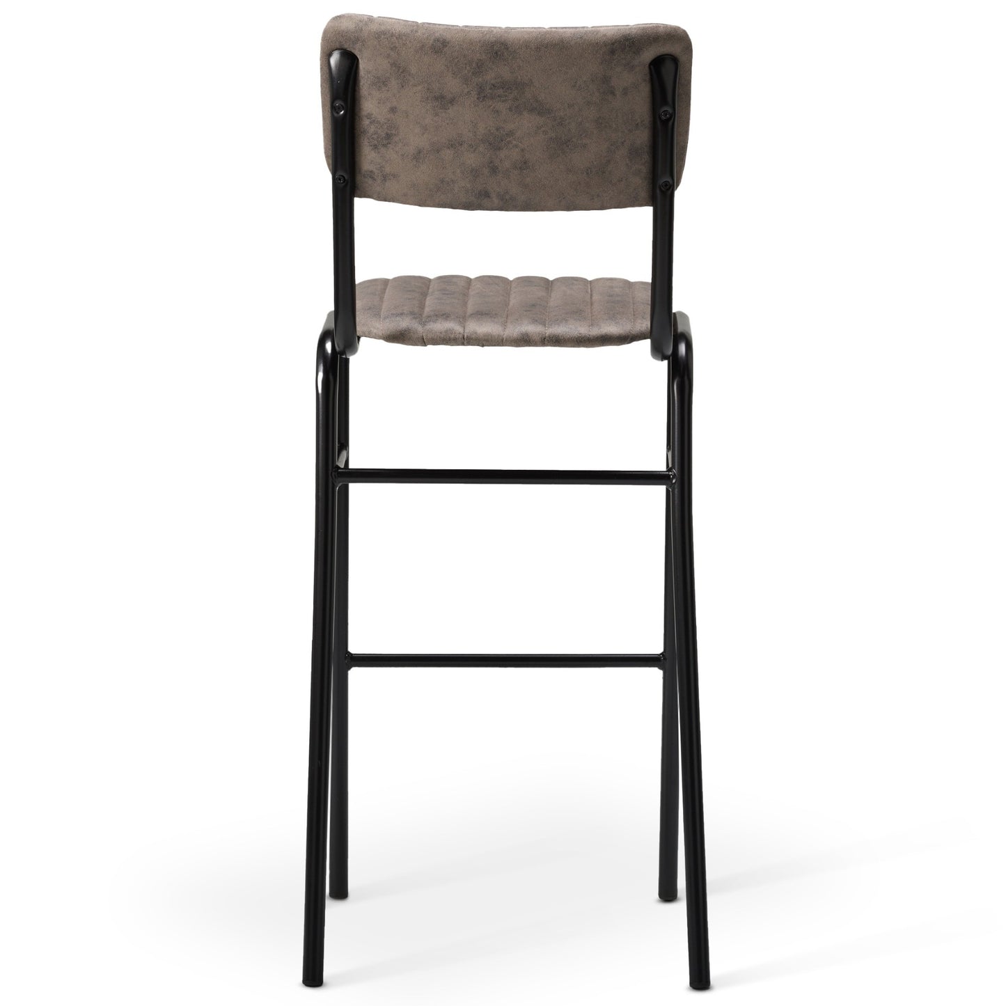 The Derby Industrial Bar Stool features a tall black metal frame with a padded seat and backrest in mottled gray faux suede—perfect for adding retro bar stool style to any space.