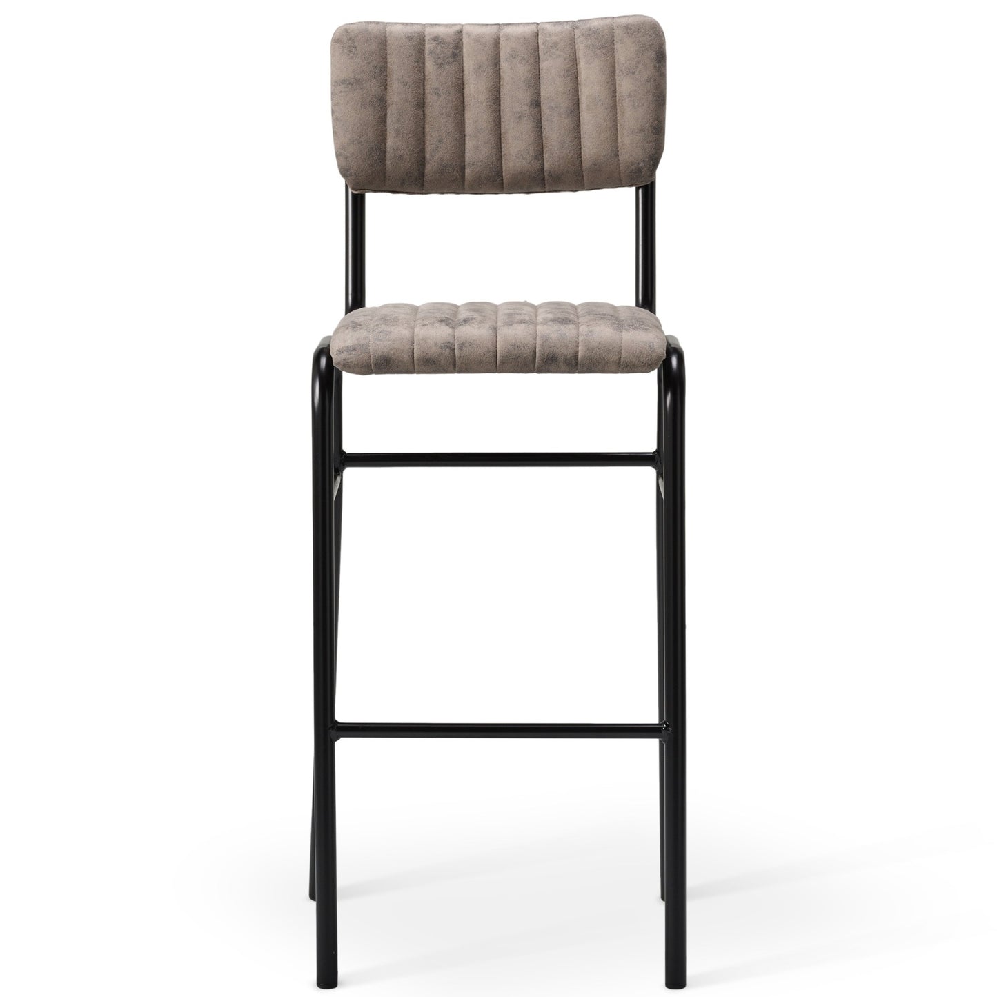 The Derby Industrial Bar Stool features a cushioned, vertically-stitched gray faux suede seat and backrest, complemented by slim black metal legs with a footrest.