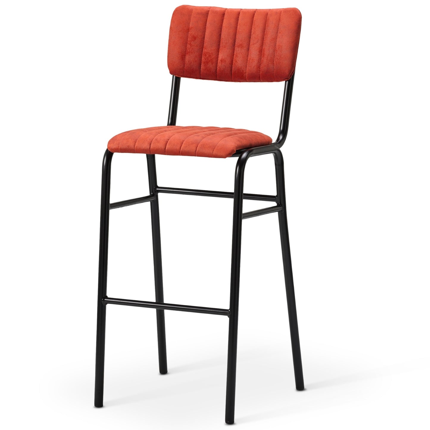 The Derby Industrial Bar Stool features a tall black metal frame and legs, a cushioned seat and backrest in orange faux suede with vertical stitching, creating a stylish, vintage-inspired retro look.