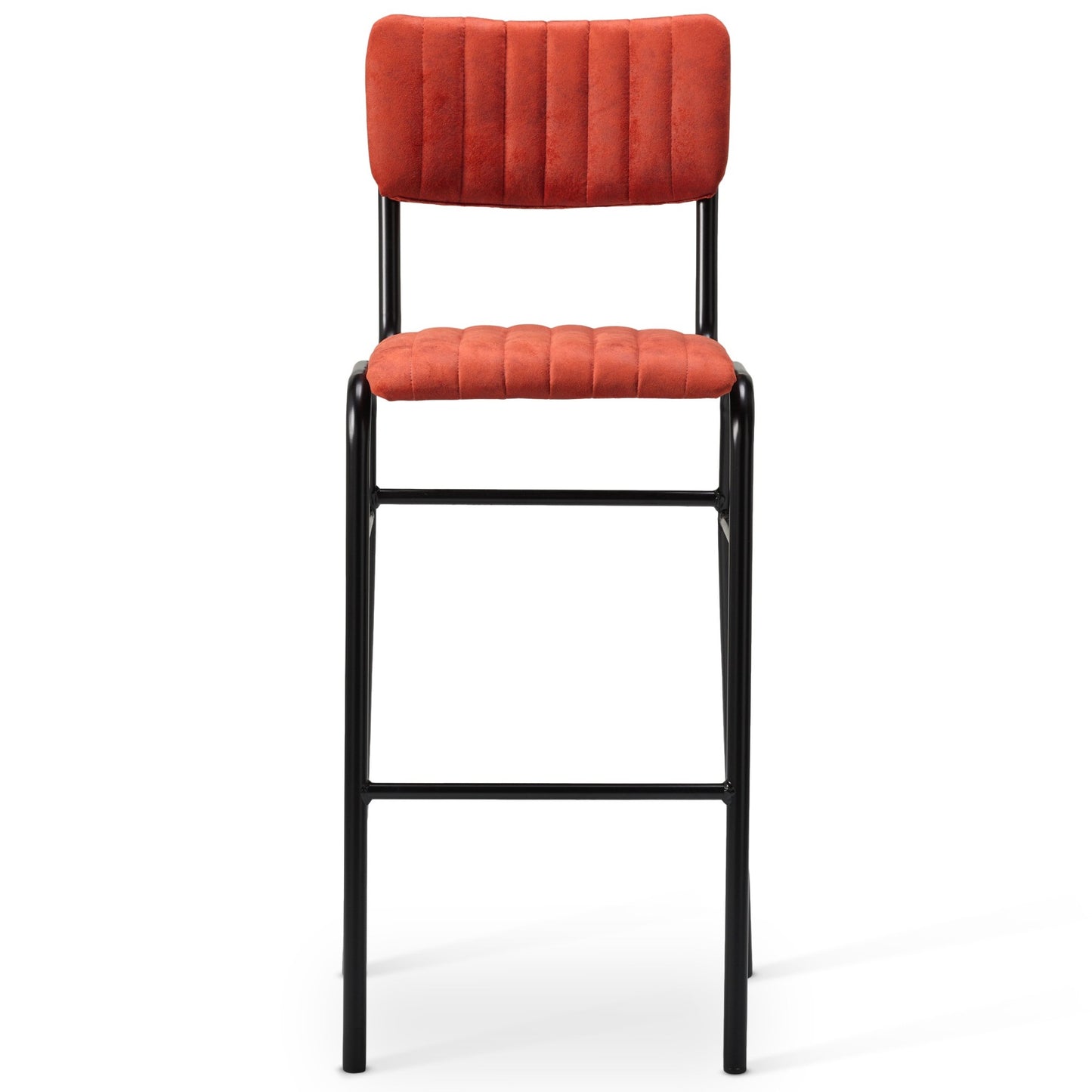 The Derby Industrial Bar Stool features a modern, retro-inspired design with an orange faux suede seat and backrest with vertical stitching, a black metal frame, and no armrests.