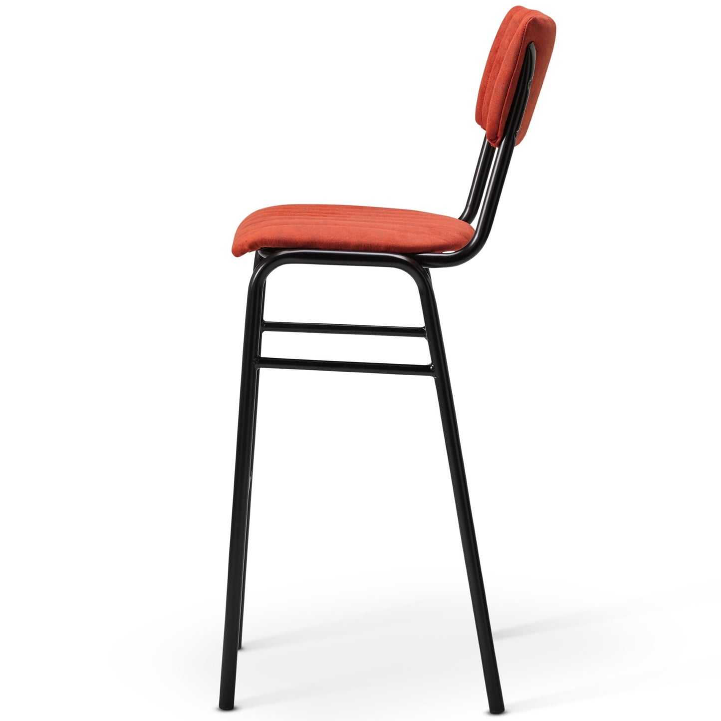 Side view of the Derby Industrial Bar Stool featuring a minimalist black metal frame, cushioned red faux suede seat, and matching red backrest for a contemporary look.