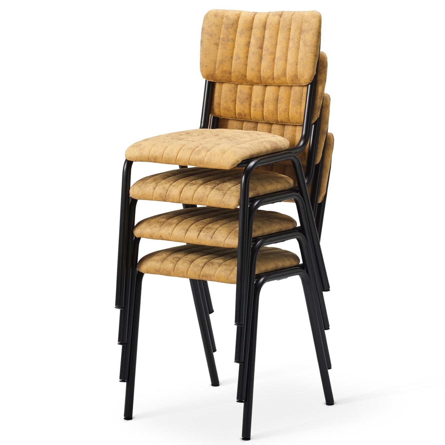 Four tan Derby Industrial Side Chairs with faux suede upholstery and black metal legs are stacked neatly. Their padded seats and backs with vertical stitching offer a stylish blend of modern and retro design.