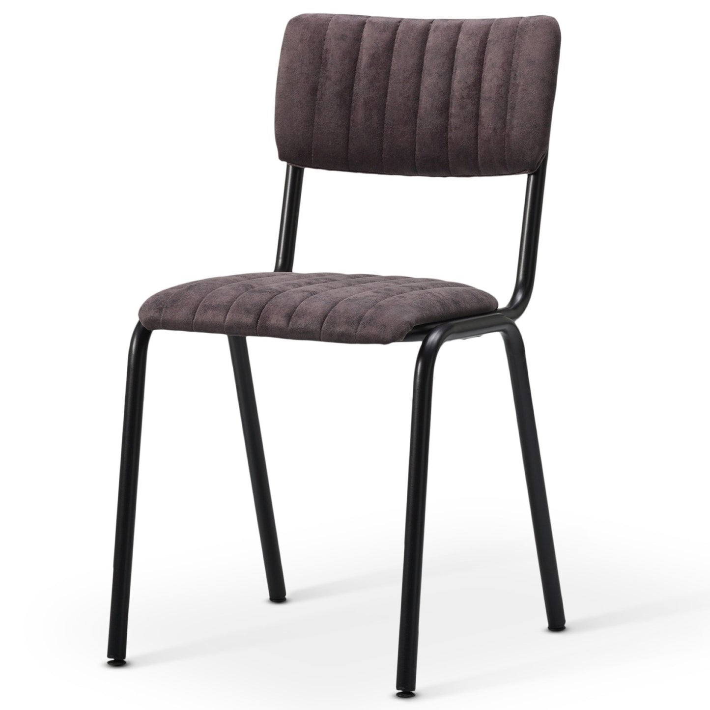 The Derby Industrial Side Chair features a padded dark gray faux suede seat and backrest with horizontal stitching, supported by a sturdy black metal frame and legs for a contemporary look.
