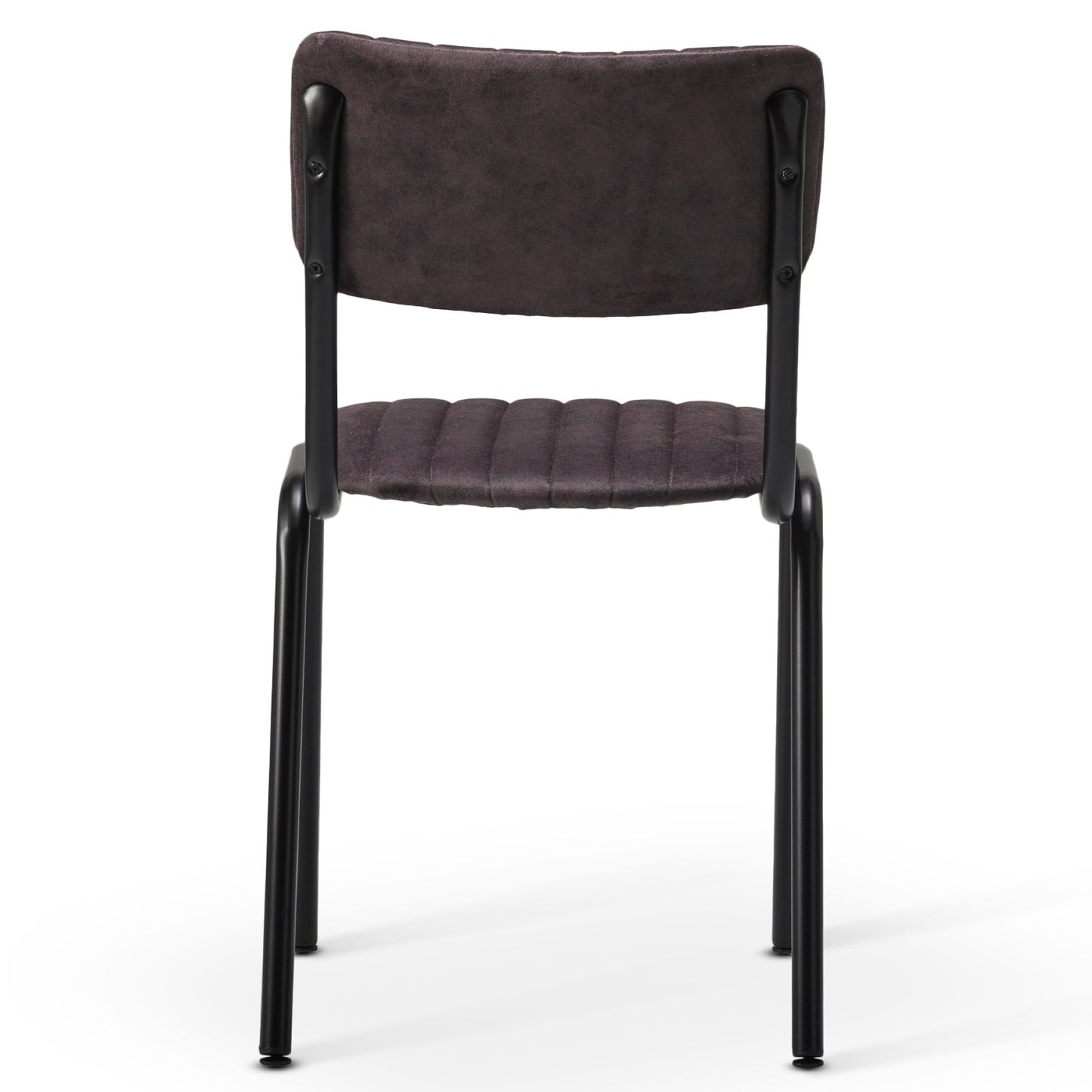 The Derby Industrial Side Chair is a black metal chair with straight legs, featuring a padded dark gray faux suede backrest and seat. Shown from the back, it highlights a simple, modern design.