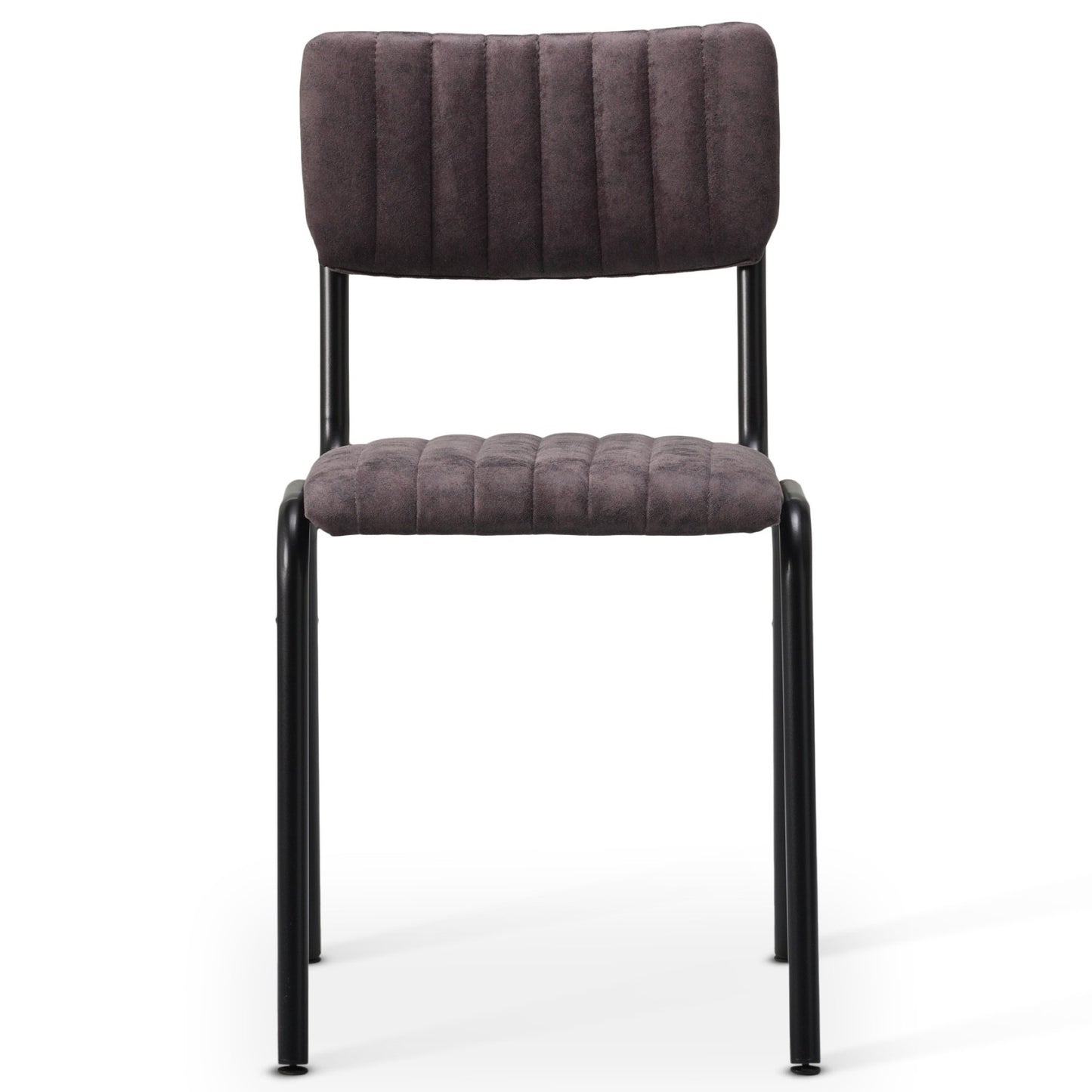The Derby Industrial Side Chair features a padded, vertically stitched dark grey faux suede seat and backrest with four black metal legs, displayed from the front on a white background.
