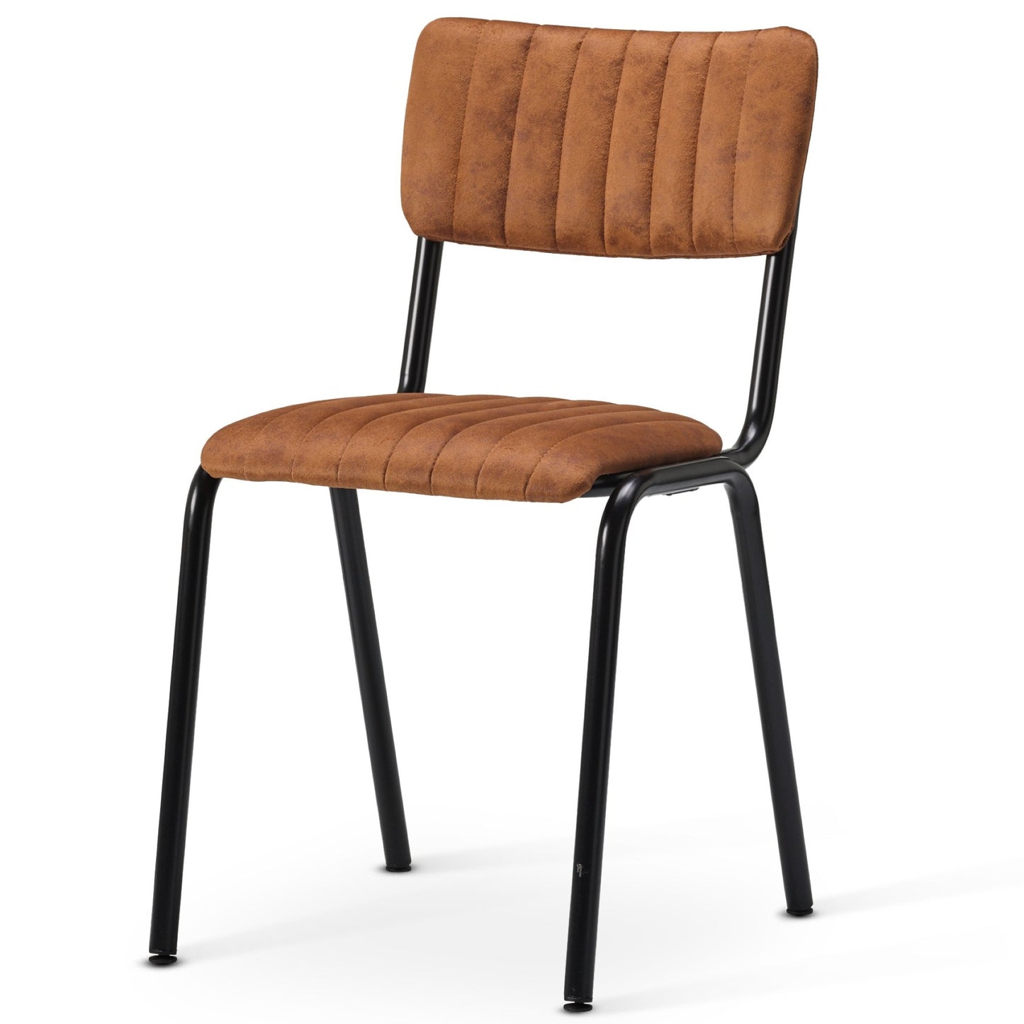 The Derby Industrial Side Chair features a brown, ribbed faux suede seat and backrest with slim black metal legs, offering a cushioned feel and a modern, minimalist design.