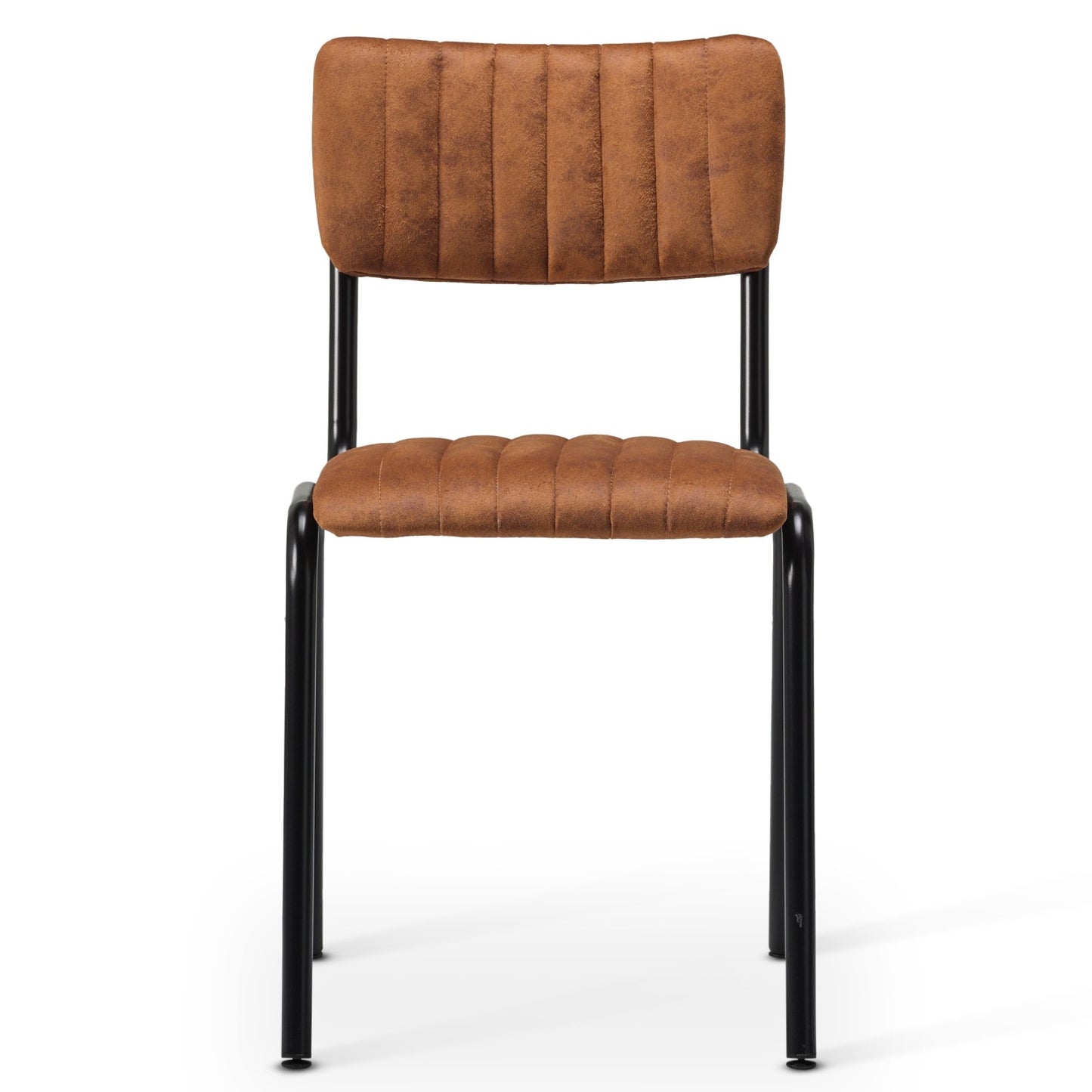 The Derby Industrial Side Chair features brown faux suede upholstery with vertical stitching, black metal legs, and a simple modern design.