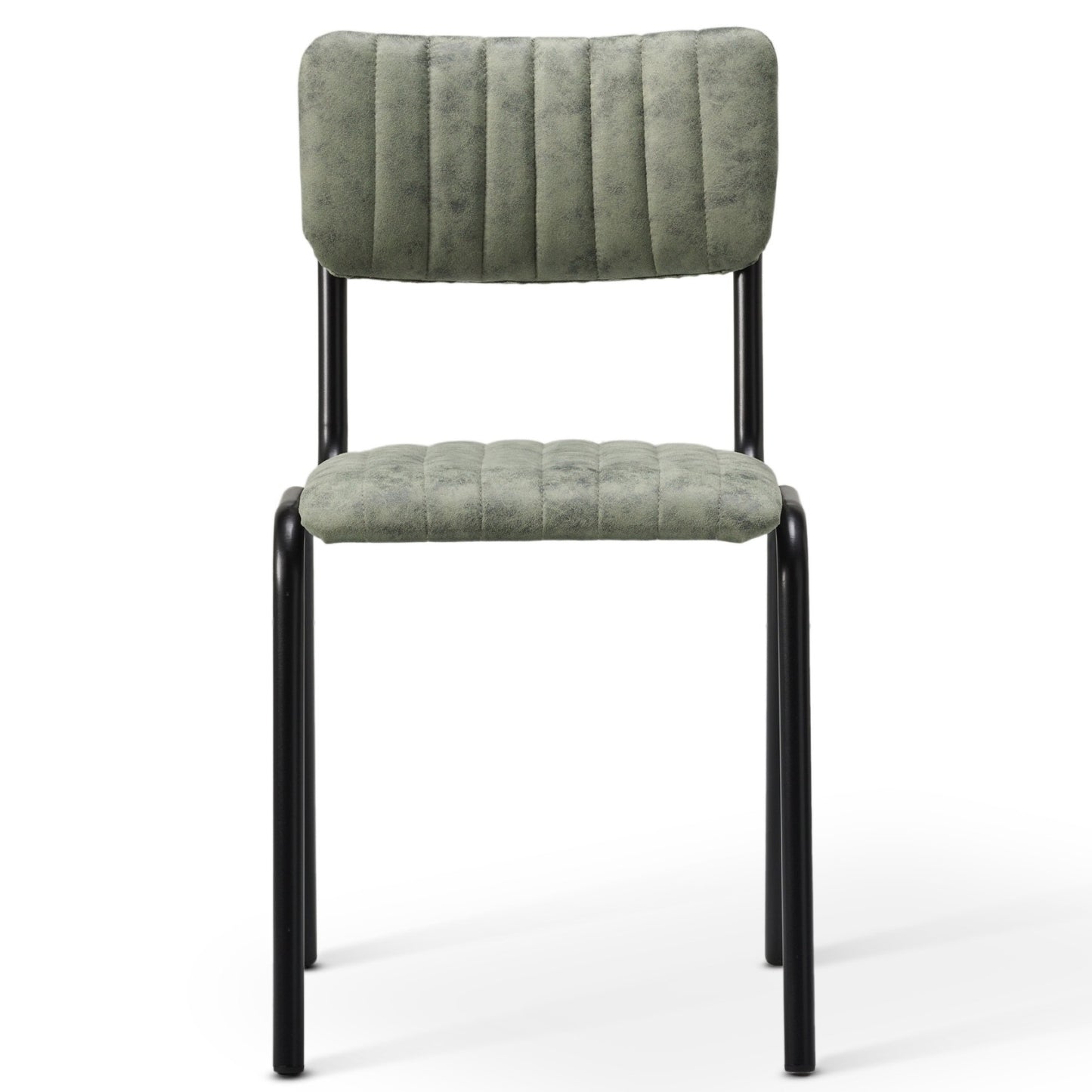 The Derby Industrial Side Chair features green faux suede with vertical stitching, black metal legs, and a minimalist modern design, shown against a white background.