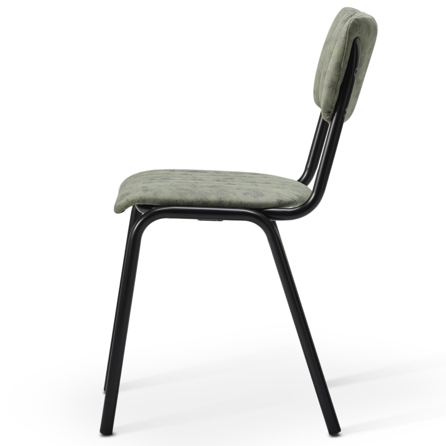 Side view of the Derby Industrial Side Chair, featuring a black metal frame and green faux suede cushioned seat and backrest with slightly textured fabric. The minimalist design offers both style and functionality.