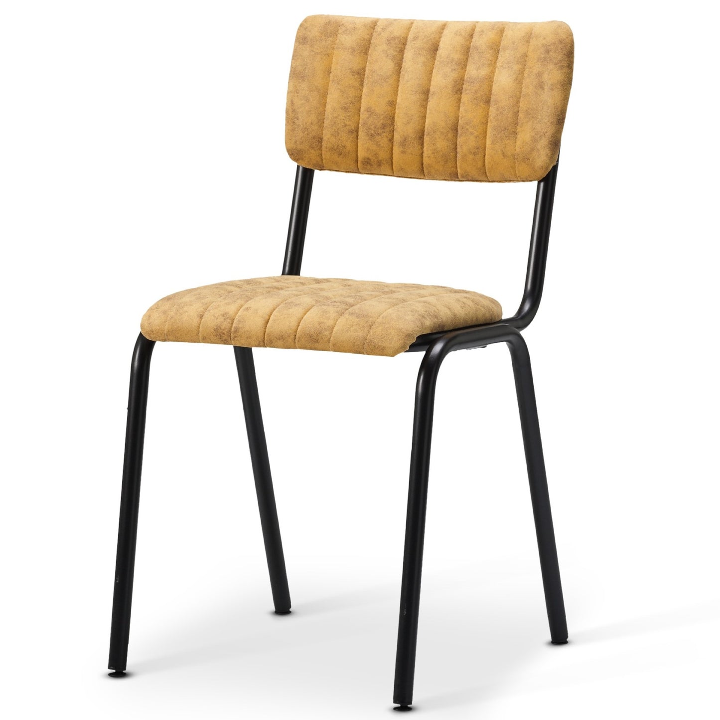 The Derby Industrial Side Chair features a padded tan faux suede seat and backrest with vertical stitching, supported by a minimalist black metal frame with four legs.