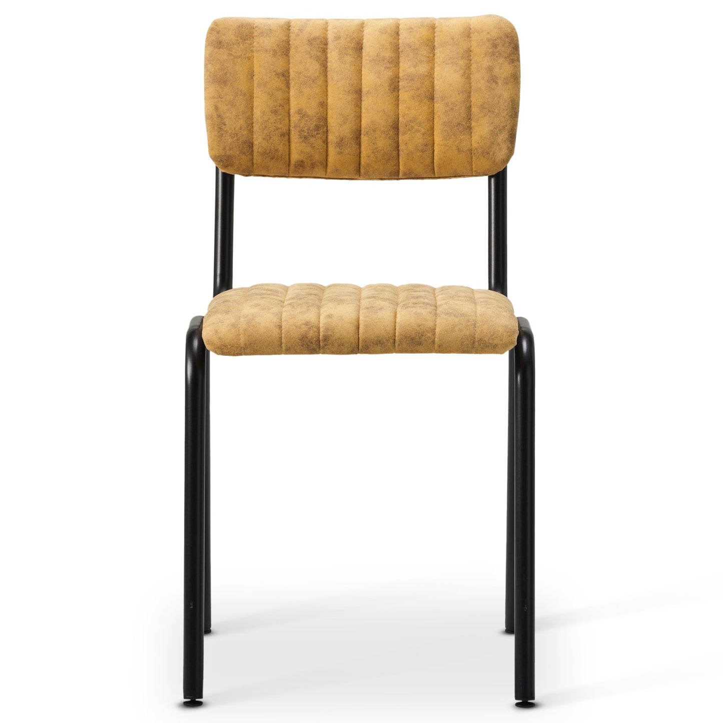 The Derby Industrial Side Chair features a cushioned mustard yellow faux suede seat and back with vertical stitching, supported by black metal legs. Its simple and functional design adds modern style to any space.