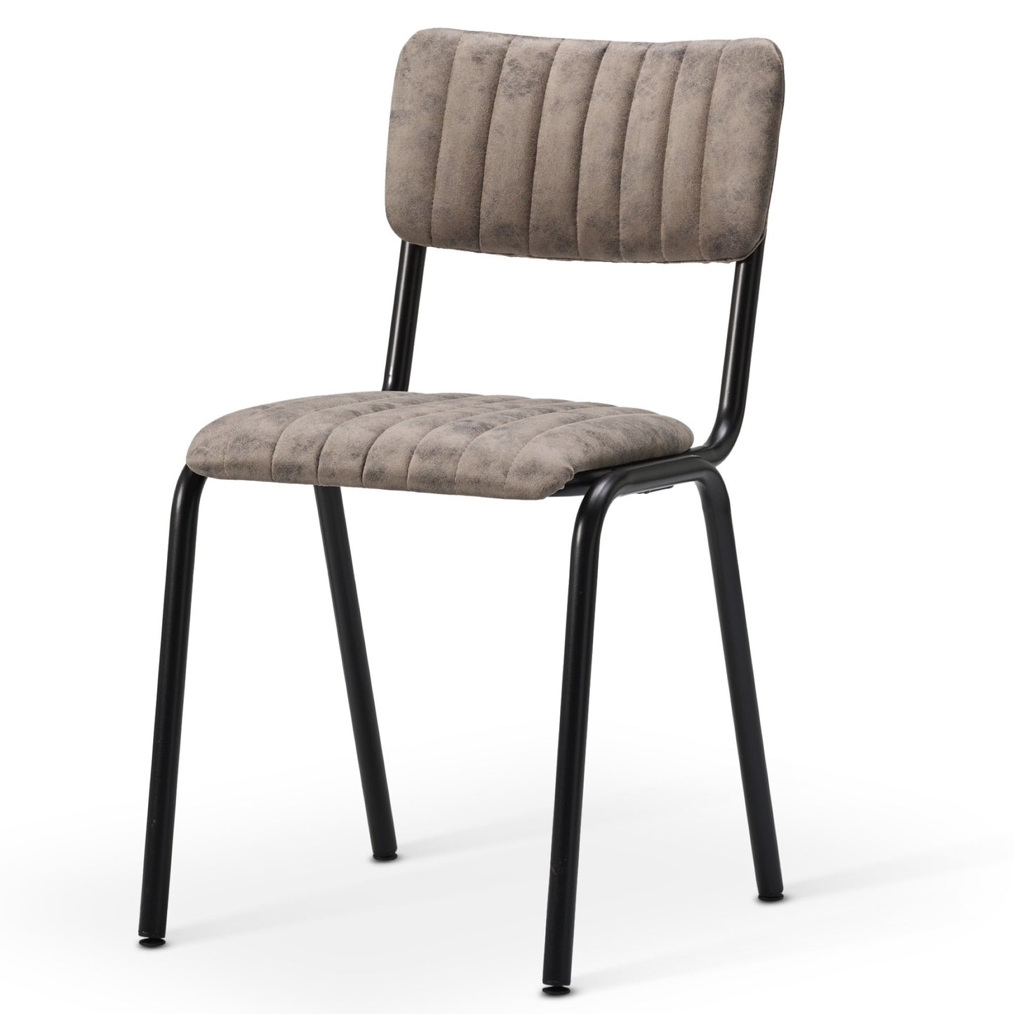 The Derby Industrial Side Chair features a padded, vertically-stitched gray faux suede seat and backrest, four black metal legs, a simple retro-inspired design, and no armrests.