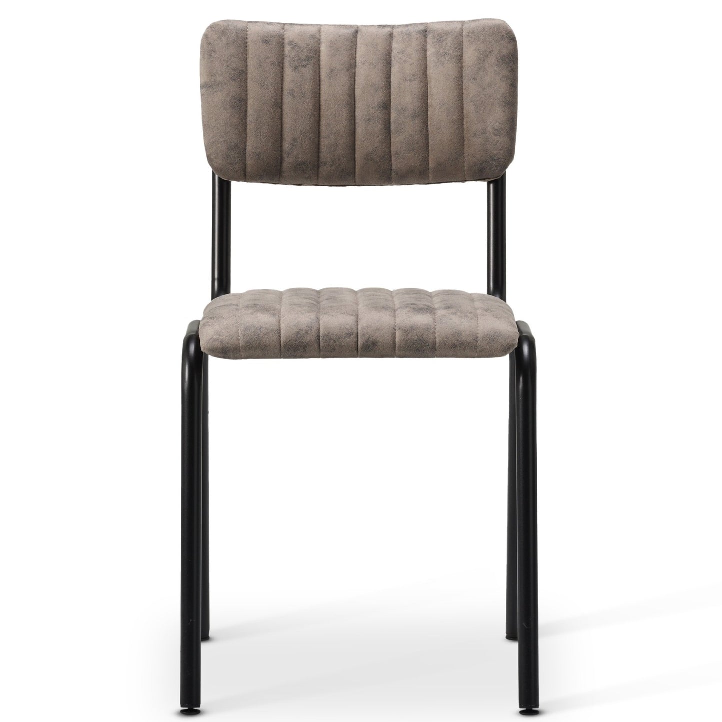 A front-facing view of the Derby Industrial Side Chair, featuring a padded, vertically-stitched gray faux suede seat and backrest, supported by a sleek black metal frame and legs.