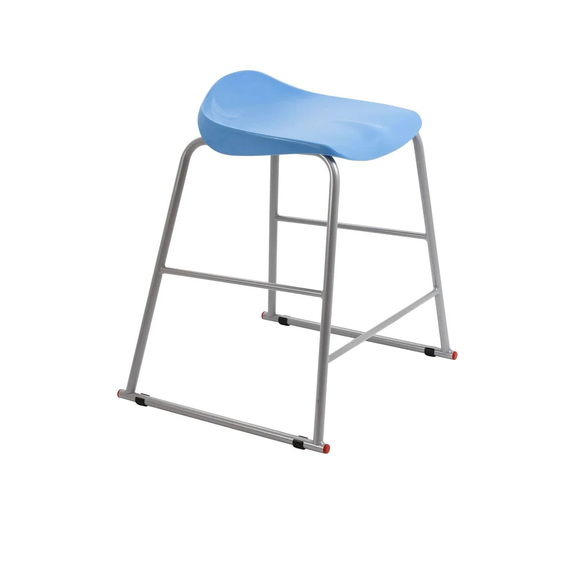 The Titan Metal Stacking Low Stool features a modern design with a light blue curved plastic seat and silver metal legs, complemented by footrests and small black and red caps on the leg ends. Stackable for easy storage, this practical and stylish stool is ideal for versatile learning environments and is shown isolated on a white background.