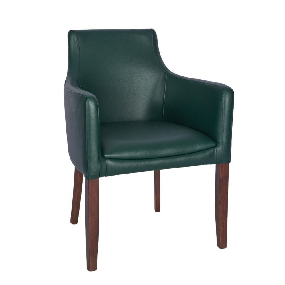 The Repton Upholstered Faux Leather Armchair in dark green features wooden legs, a high backrest, curved arms, and a cushioned seat—an elegant choice to enhance your dining chair arrangement.