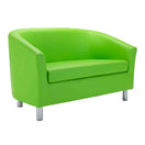 تبديل الصورة The Terry Faux Leather Upholstered Tub Sofa features a modern design with bright green upholstery, a curved backrest and armrests, and sits on four short cylindrical metal legs—making it the perfect stylish addition to any reception area. 2